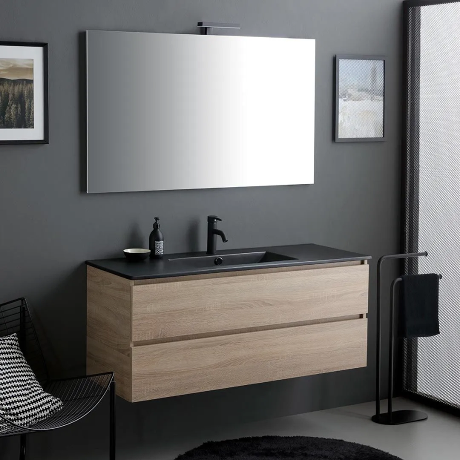 "Berlino60" oak-colored wall-hung bathroom cabinet with 2 drawers, black sink, and mirror