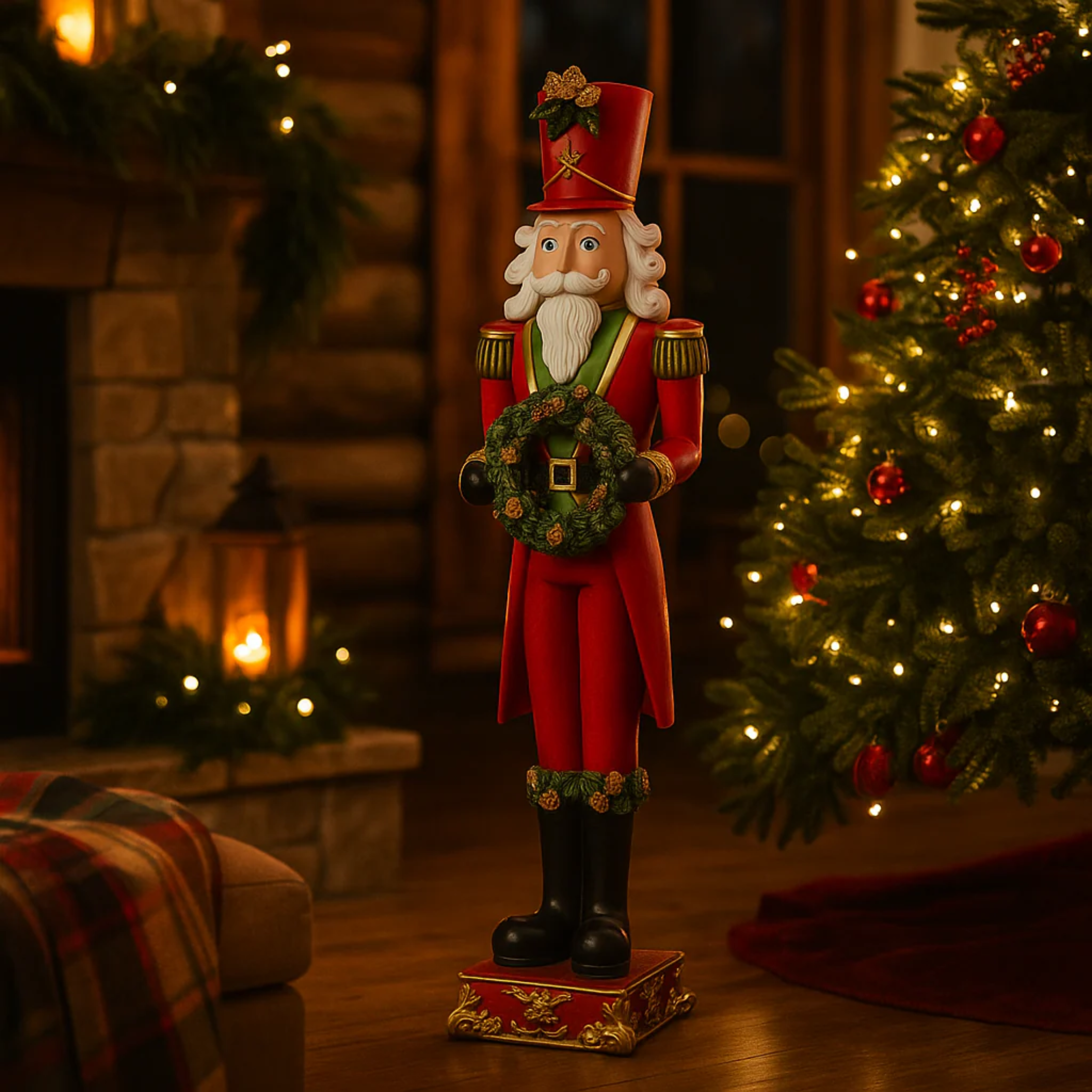 Red and green resin Christmas soldier with integrated decorative glitter garland, 60 cm high.