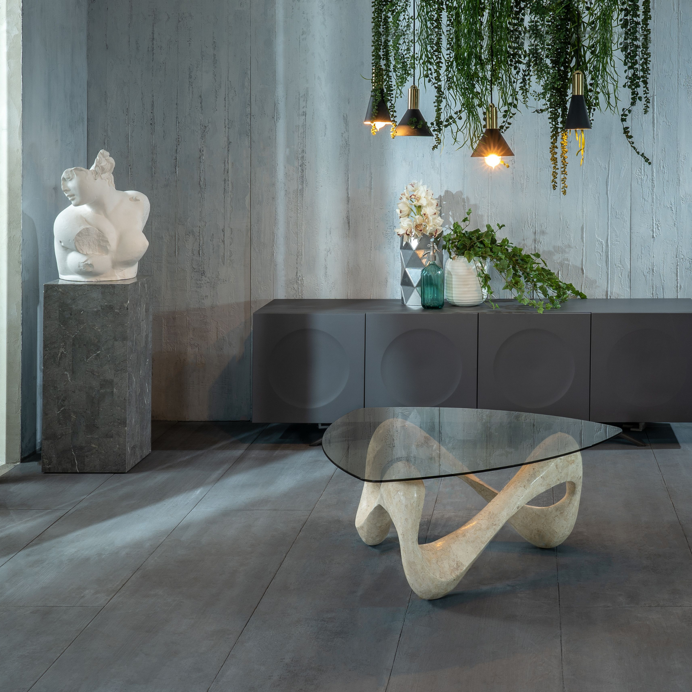 "Scarf" fossil stone coffee table with tempered glass top, 100x100 cm, 42.5 cm high.
