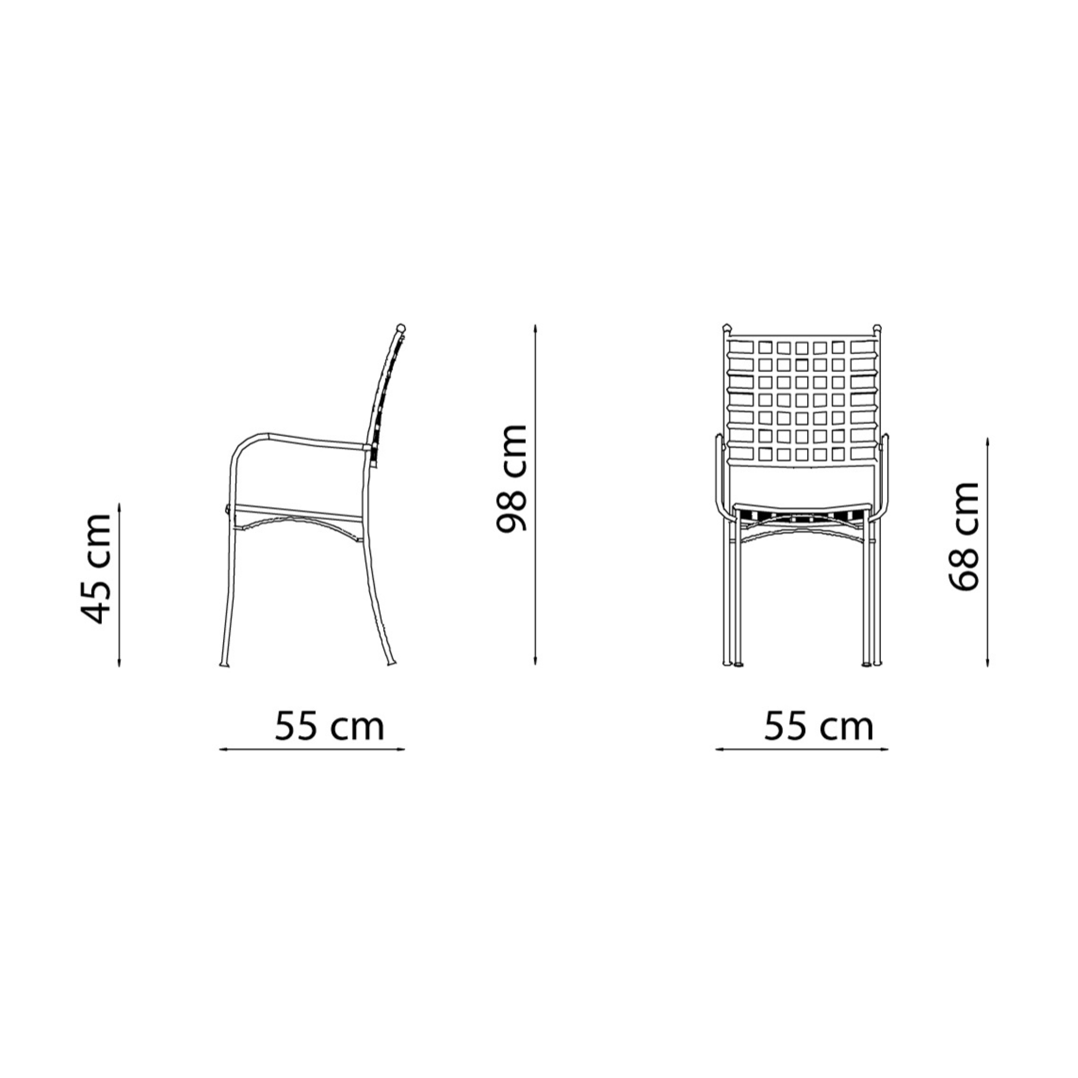 Set of "Tosca" stackable painted metal garden chairs, 55x55 cm, 98 cm high