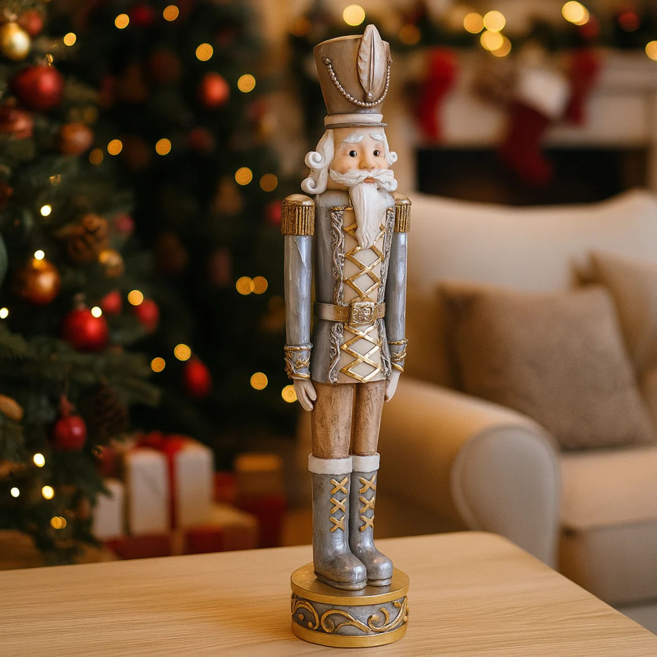 Nutcracker soldier figurine with hat, elegant Christmas decoration, made of resin, 38 cm high.