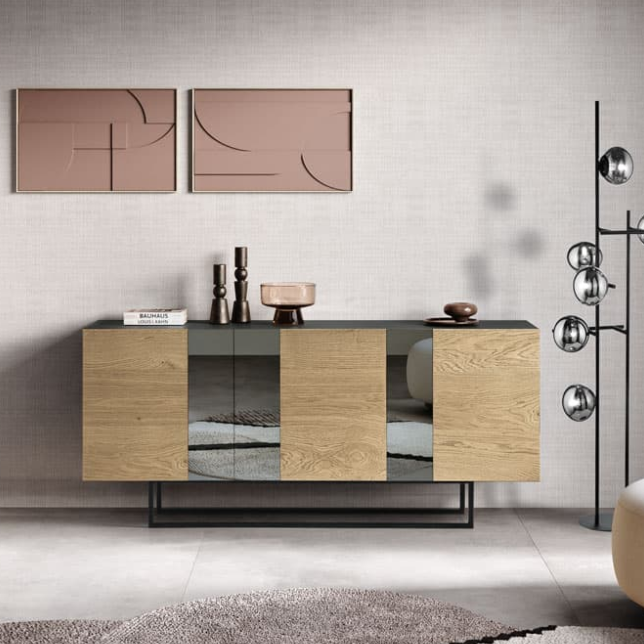 Modern 3-door sideboard "Isabel" already assembled in wood with mirror inserts, 180x50 cm, 80 cm high.