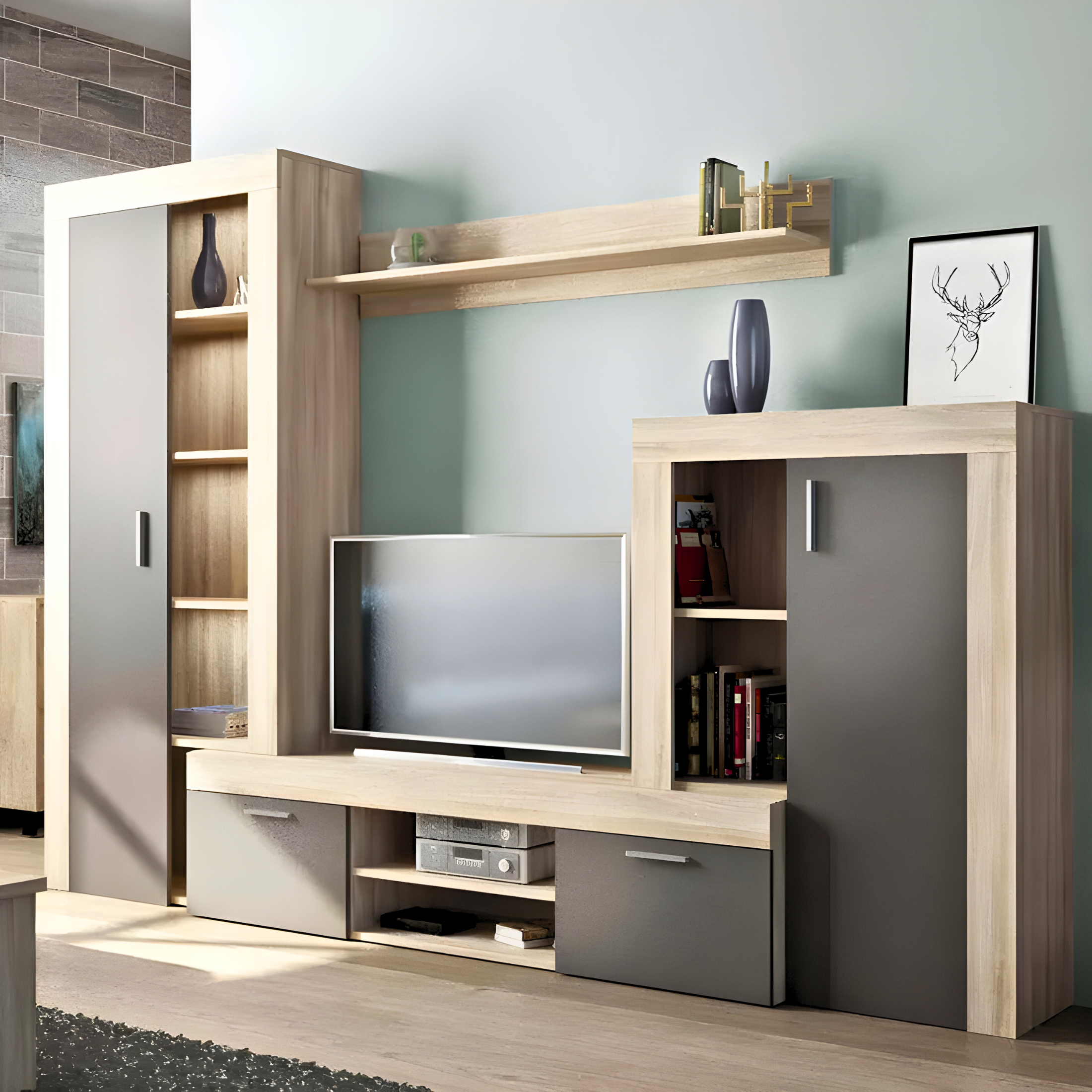 "Nobel" living room wall unit in natural wood and anthracite, 263x40 cm, 200 cm high