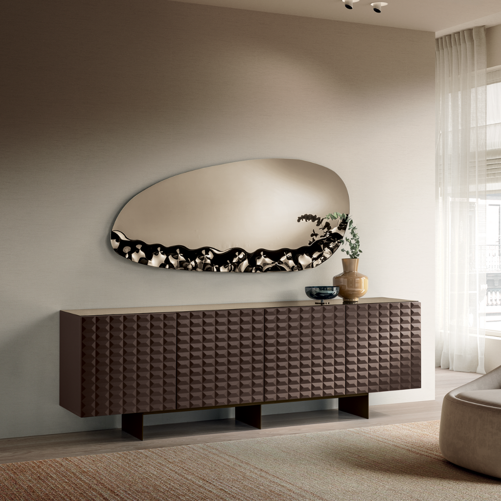 Brown "Arkos" living room sideboard with bronze metal crosspiece and bronze mirrored glass top