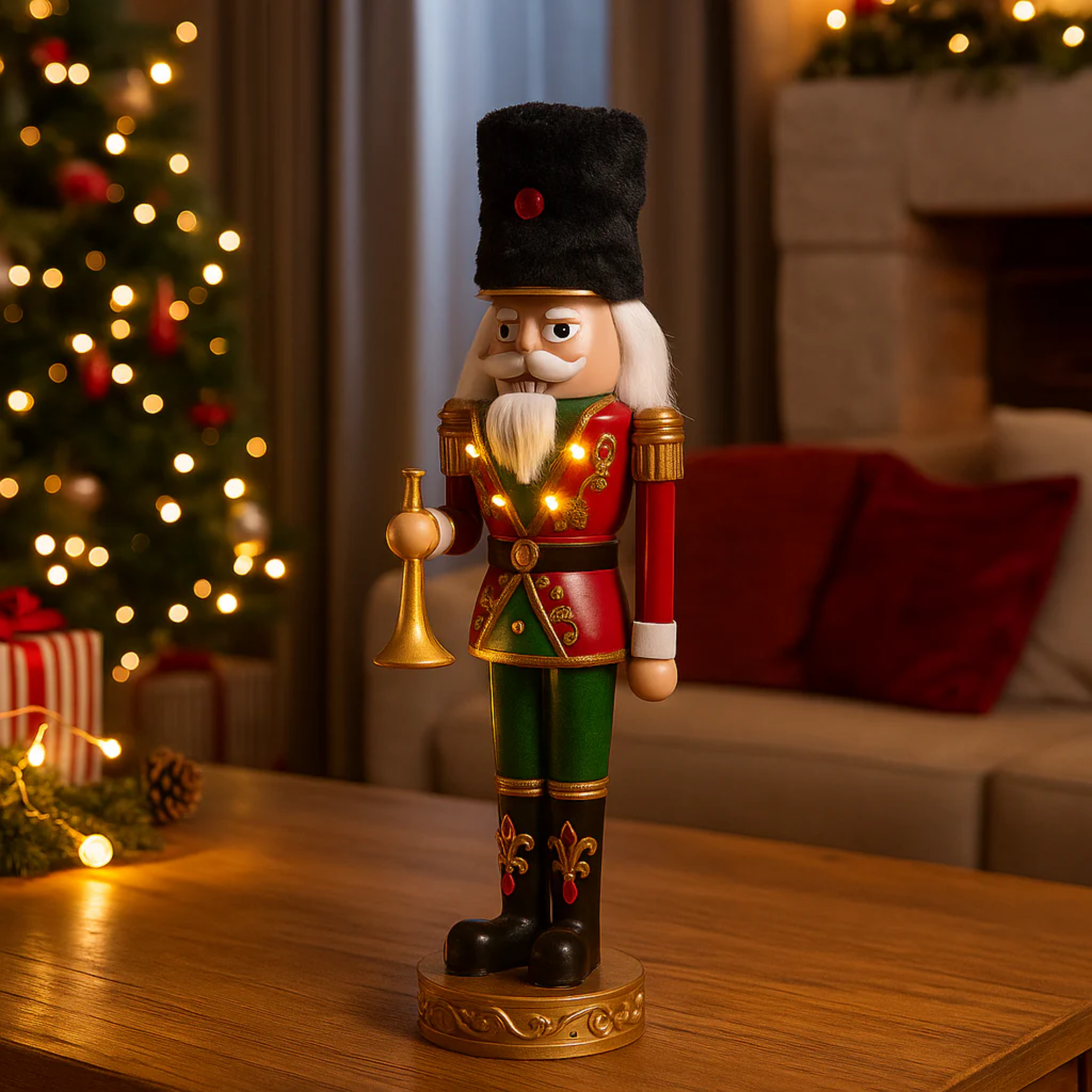 Nutcracker soldier with LED lights, resin Christmas decoration, 47 cm high.