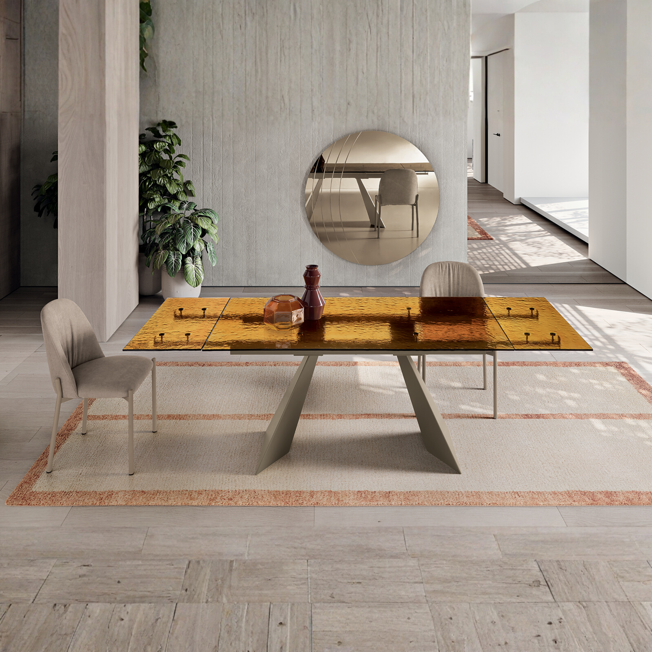 Extendable rectangular table "Walter" with transparent hammered glass top, 160/240x90 cm, 75 cm high