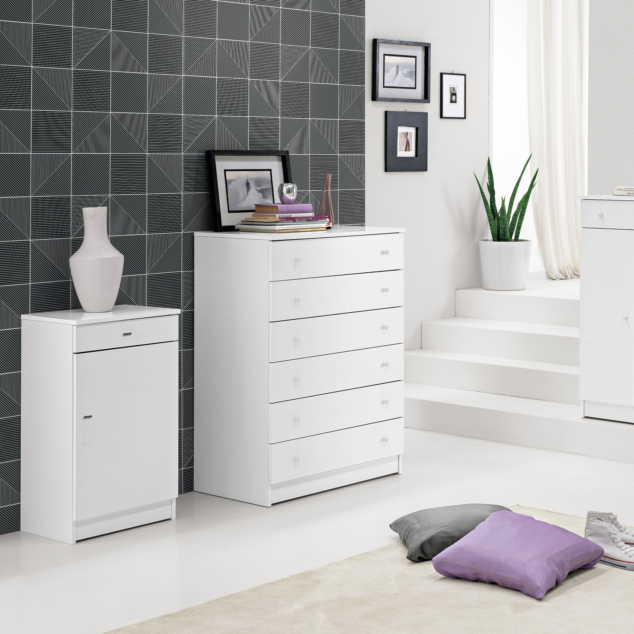 Low multipurpose cabinet with 1 door and 1 drawer "Kena" in white lacquered wood 46x34 cm 80h