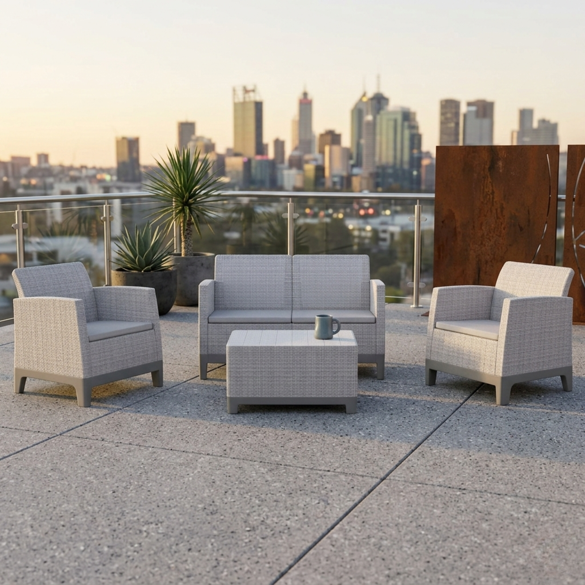 Set salottino "Roselune" da esterno con 2 poltrone, divano e tavolino contenitore grigio chiaro