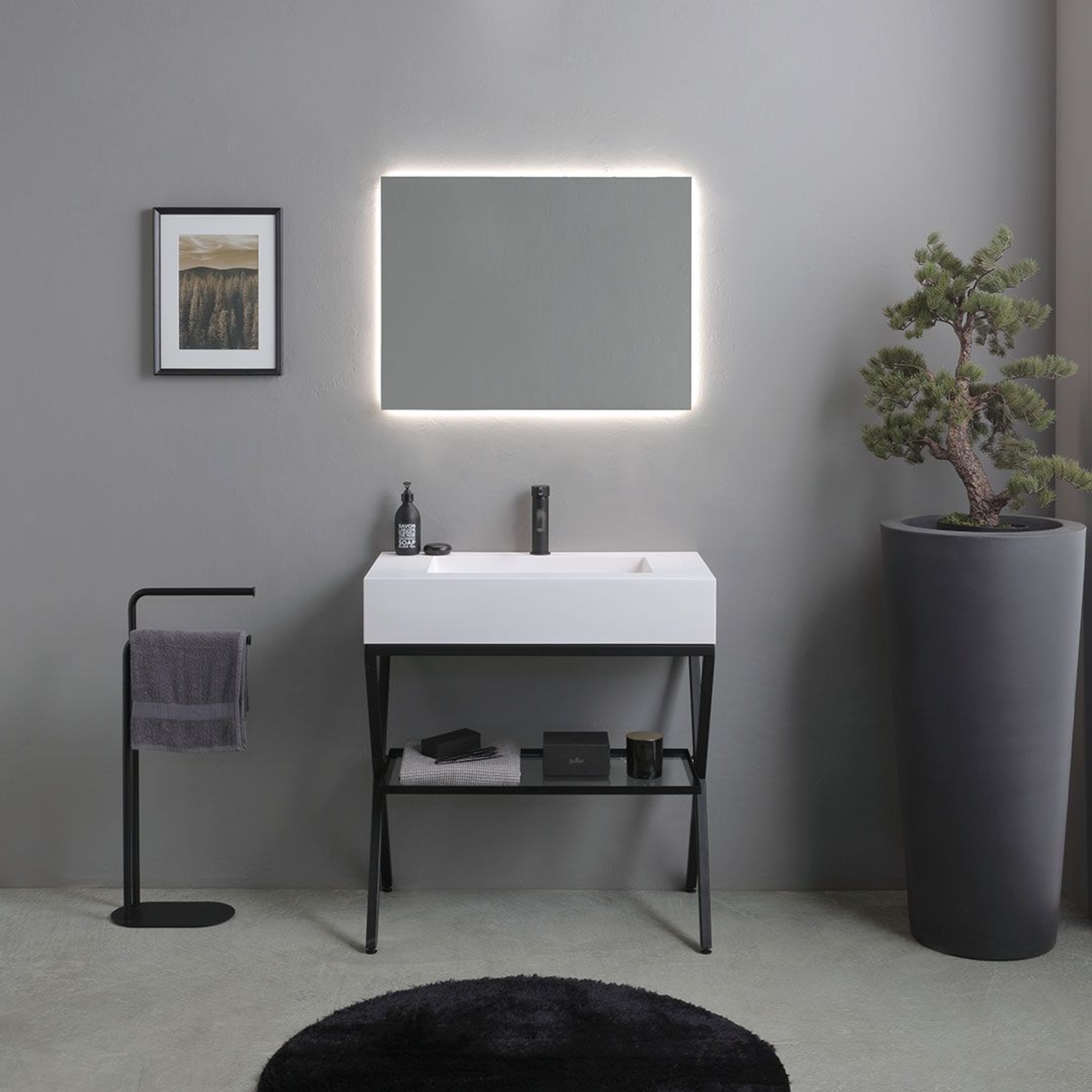 Cartagena white floor-standing bathroom cabinet with LED mirror and 80 cm glass shelf