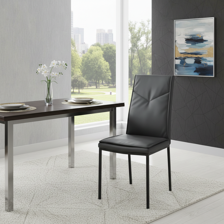 Set of "Giselle" dining chairs in eco-leather with metal base, 42x60 cm, 100 cm high.