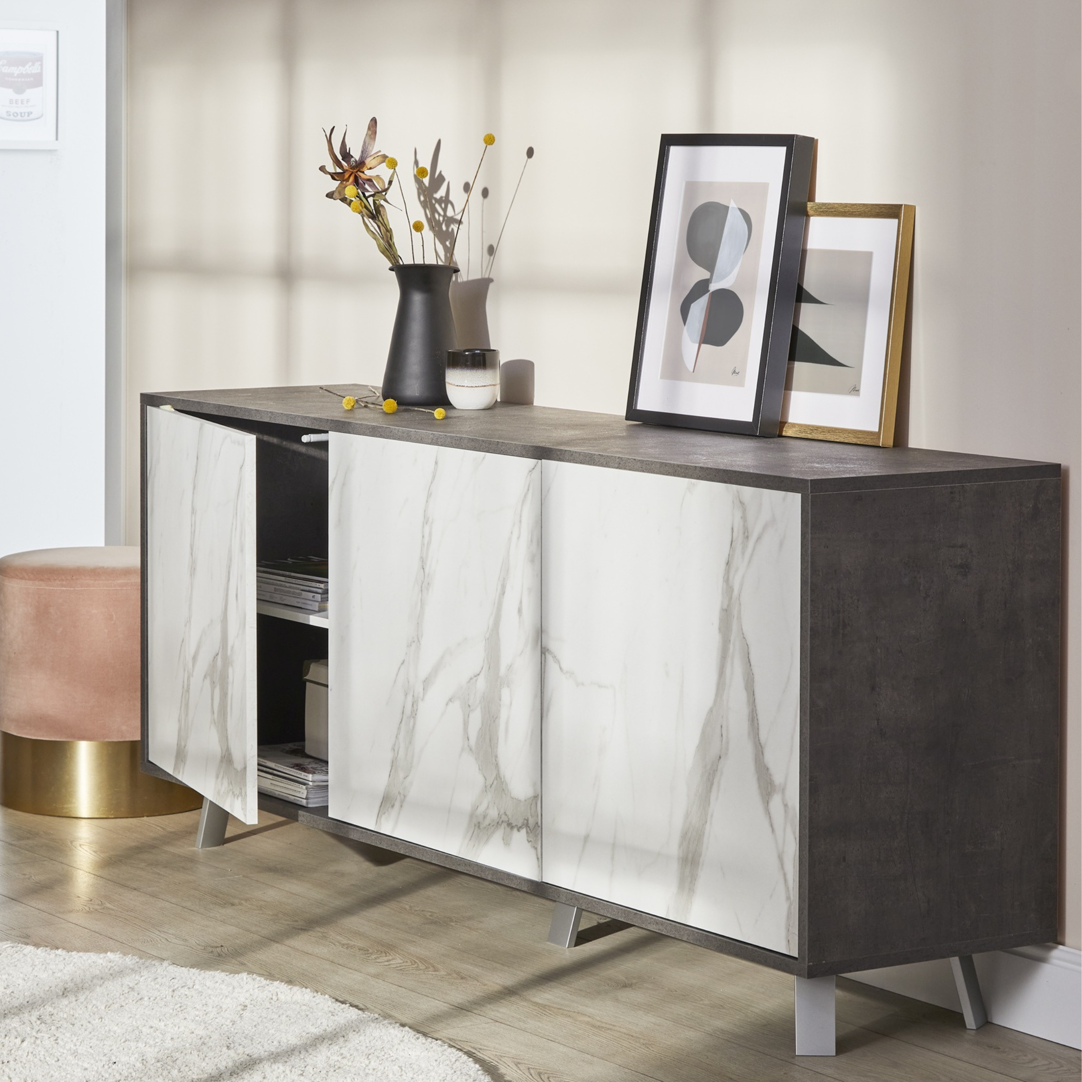 "Alex" 3-door wooden cabinet, push-pull sideboard, 177x41 cm, 74h