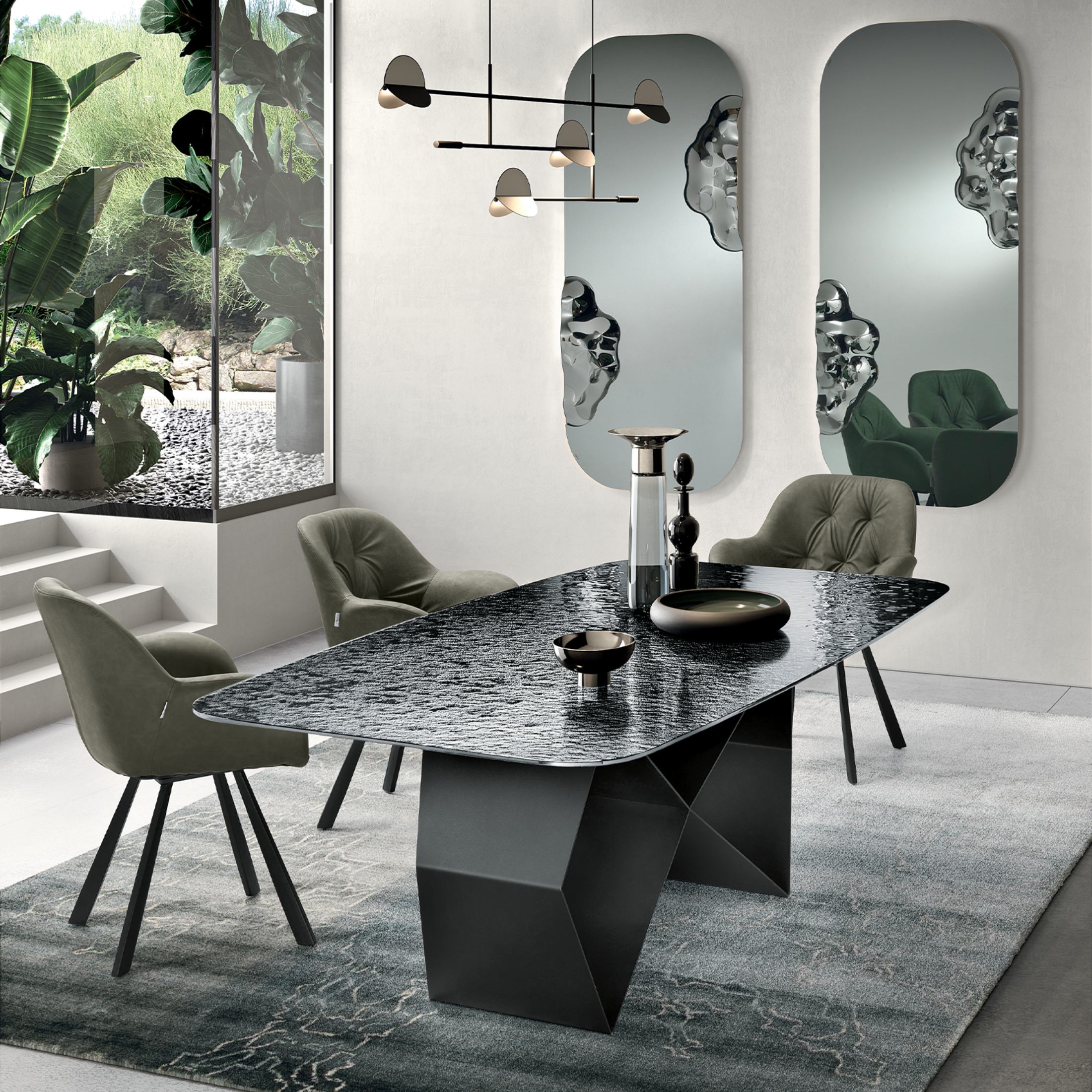 "Karlito" modern fixed table with painted metal base, 210x110 cm, 75 cm high.