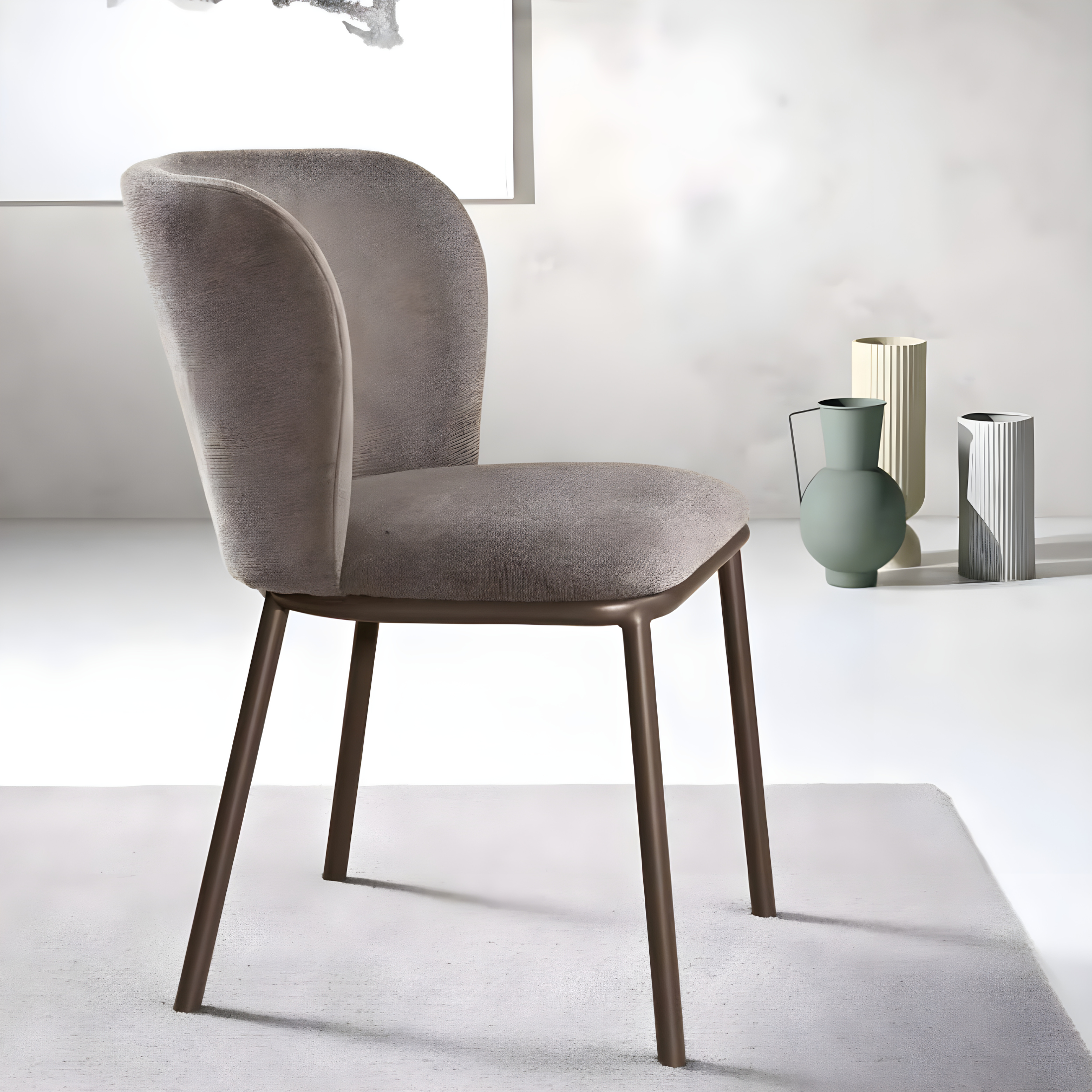 Set of "Riva" dining chairs in padded fabric with metal frame, 52x57 cm, 80 cm high.