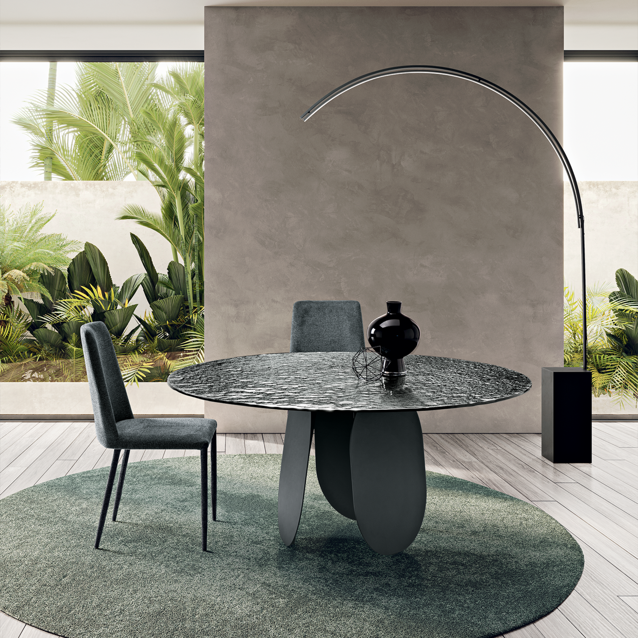 "Monroe" modern fixed round dining table with hammered glass top