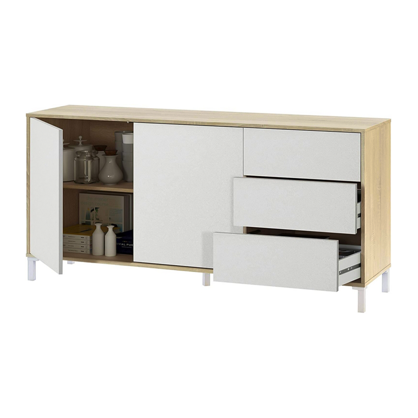 Credenza Brooklyn in truciolare rovere e bianco a 2 ante con 3 ripiano cm 154x41 74h