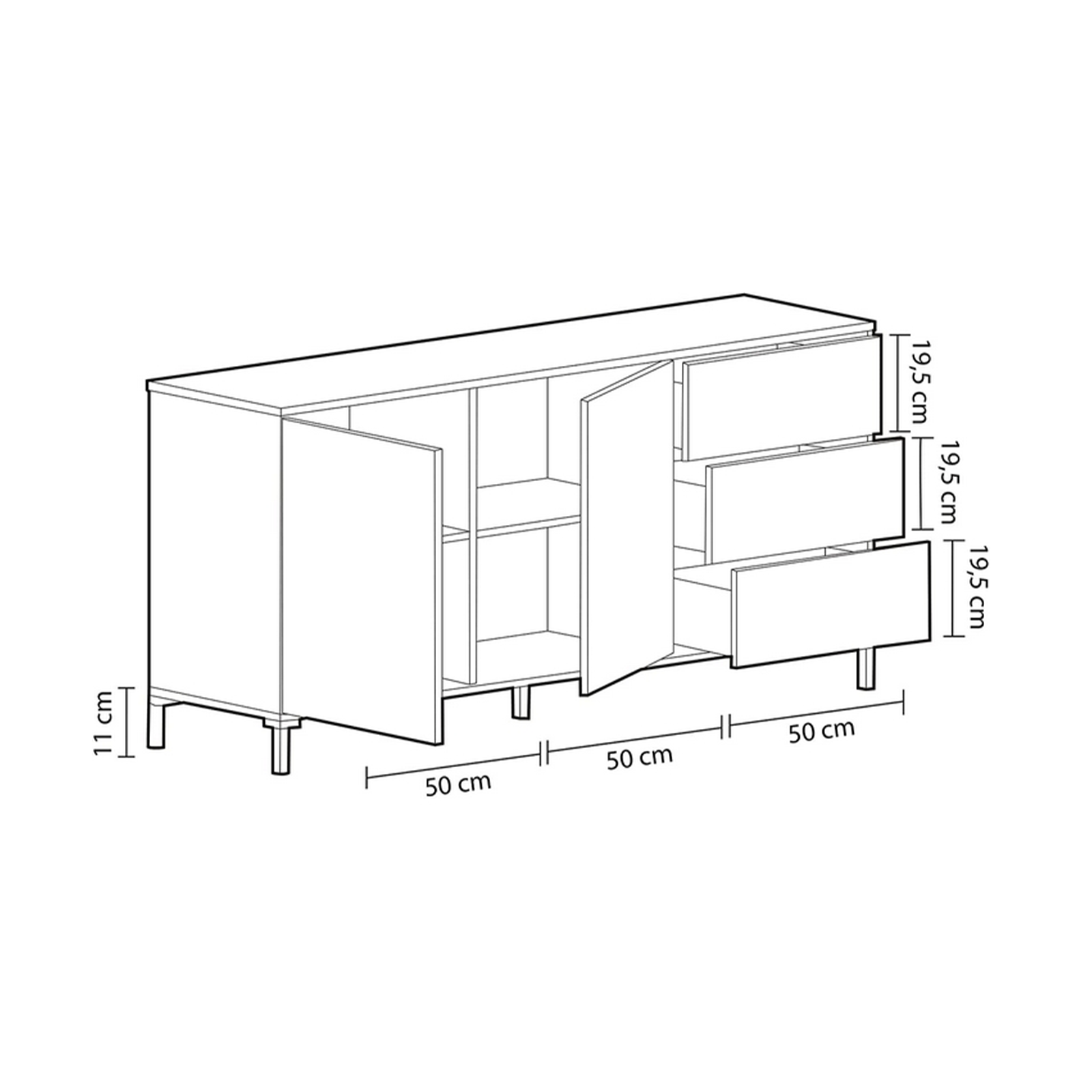 Credenza Brooklyn in truciolare rovere e bianco a 2 ante con 3 ripiano cm 154x41 74h