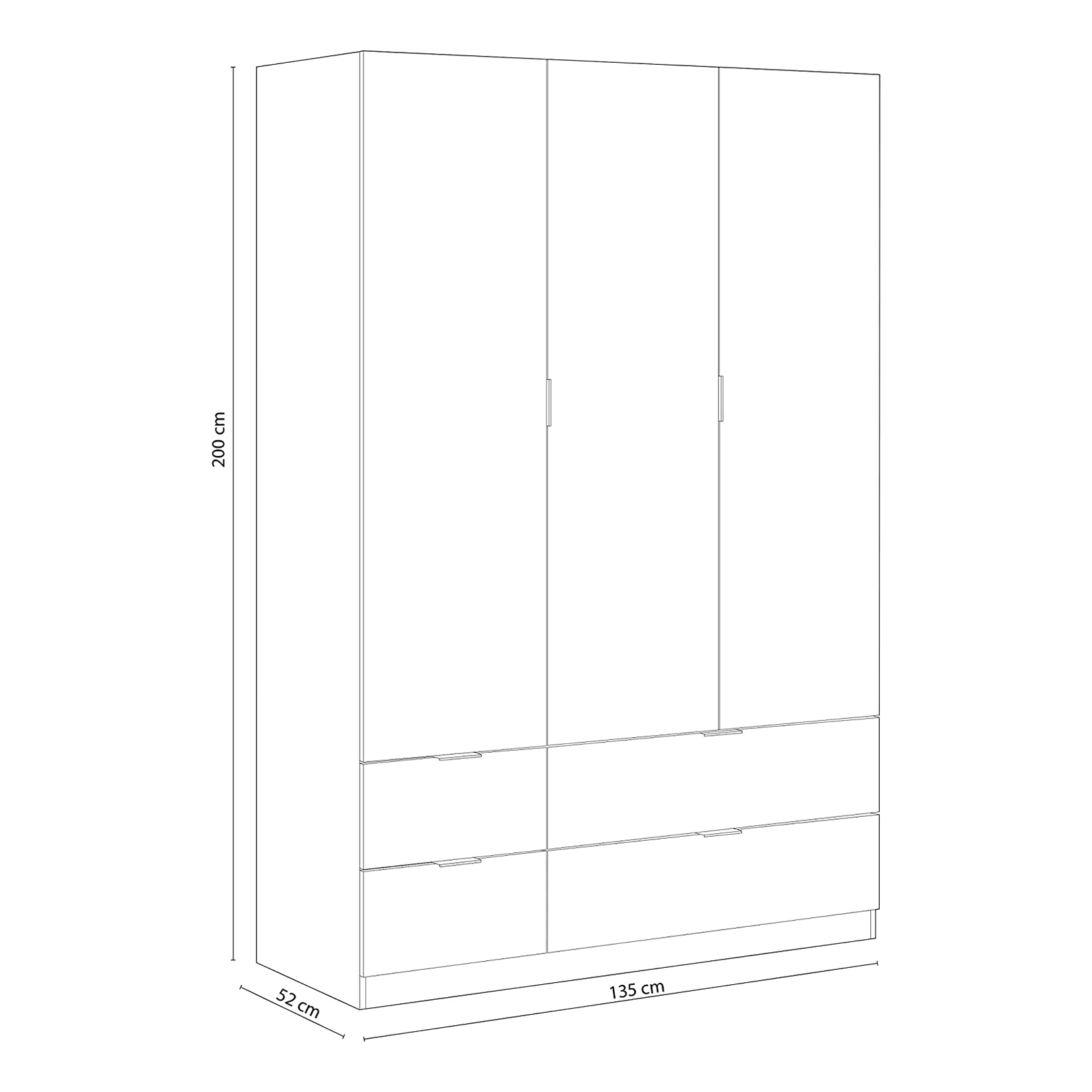 Armadio in legno LC-200 a 3 ante rovere con cassetti e barra appendiabiti cm 135x52 200h