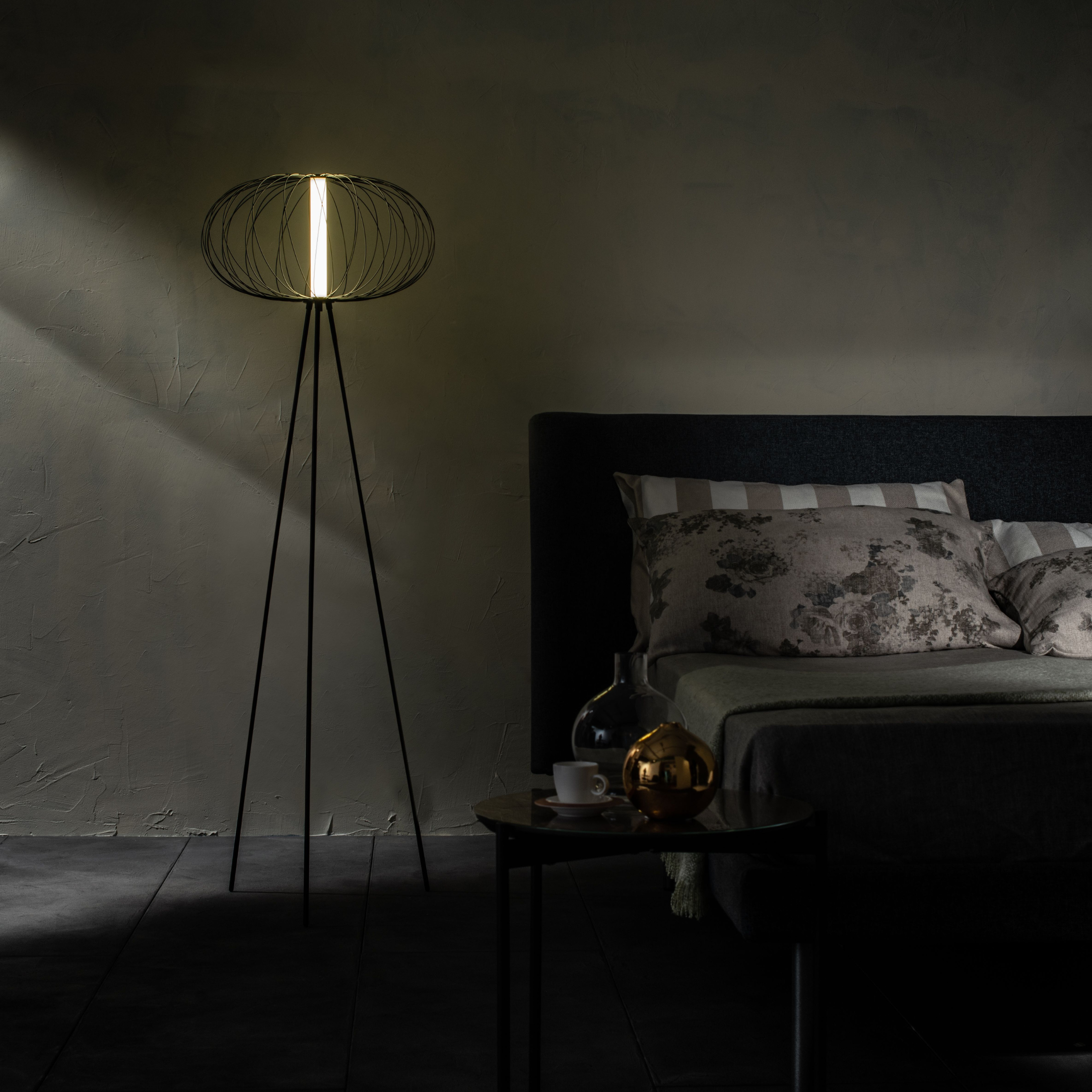 "Jaula" LED floor, table and hanging lamp with steel shade
