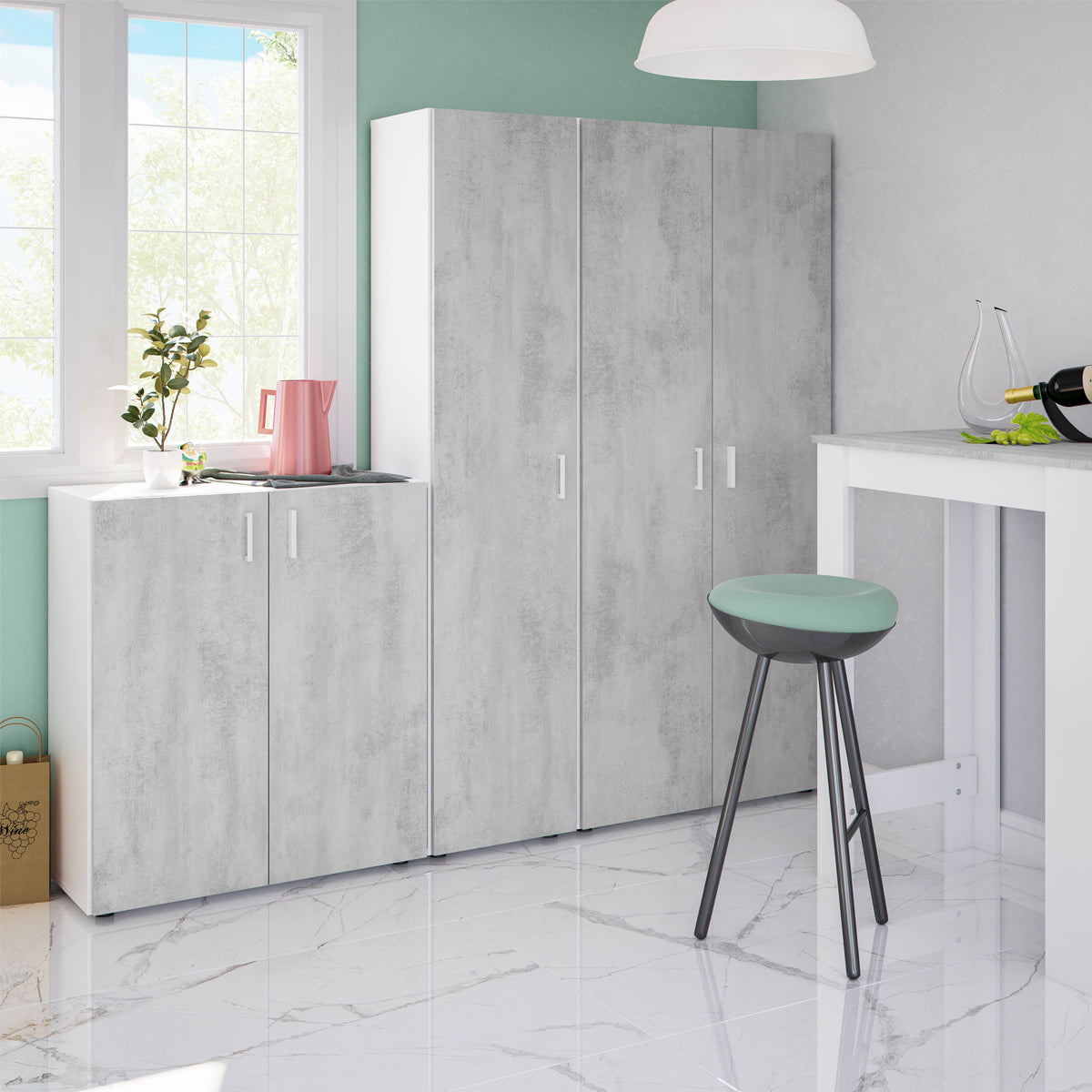 Set armadio alto o basso Multiusos in truciolare finitura cemento mobile per lavanderia