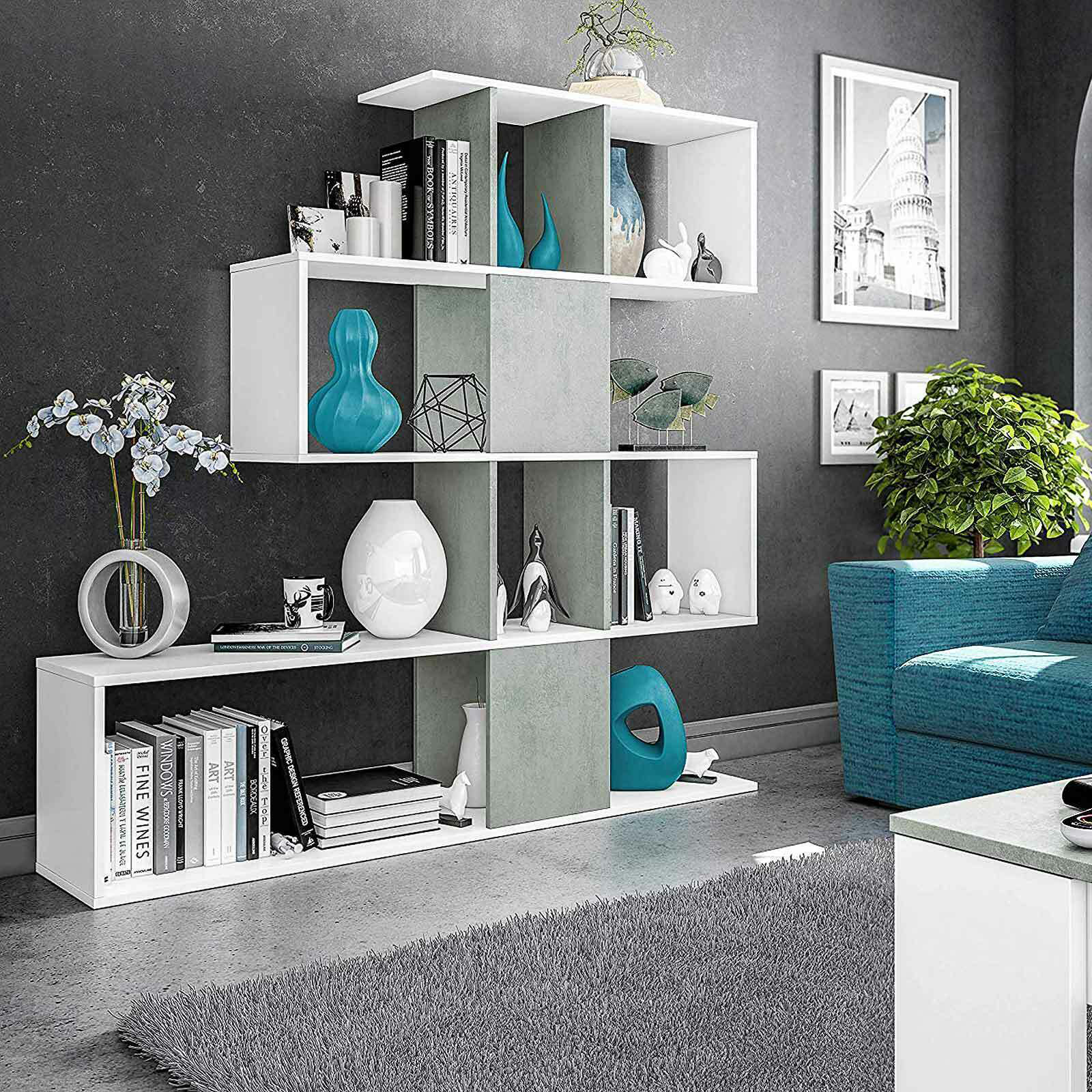 Libreria alta a giorno Zig Zag con 4 ripiani in truciolato cm 145x29 145h