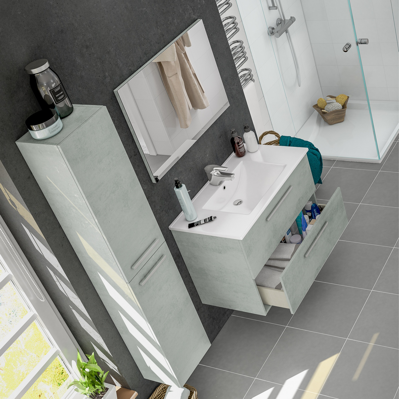 "Athena" bathroom wall unit with 2 doors and shelves in chipboard