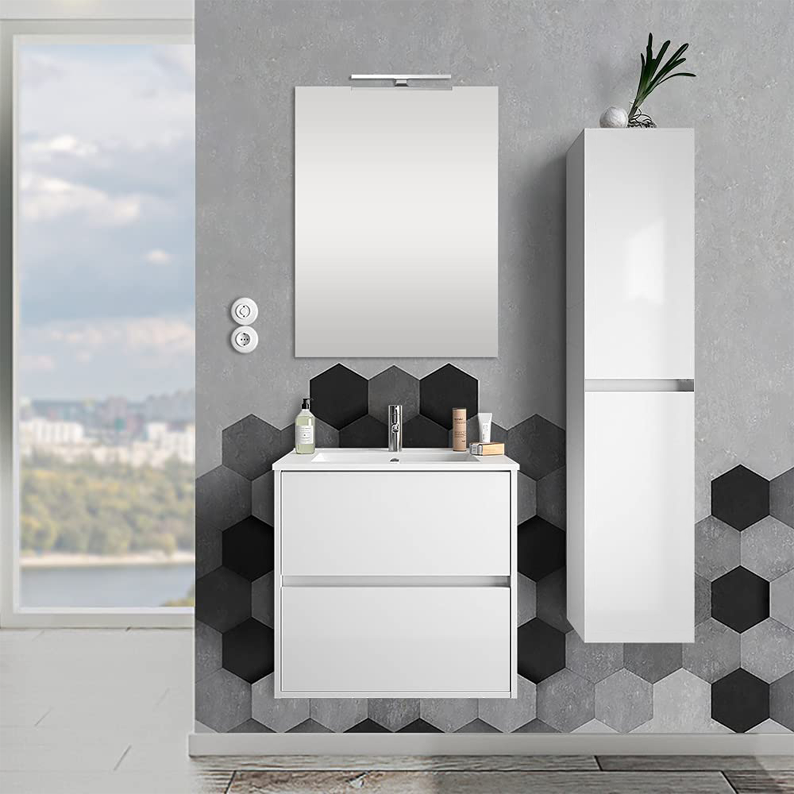 "New Splash" bathroom wall unit with 2 doors in oak wood, 31x33.5 cm, 138 cm high