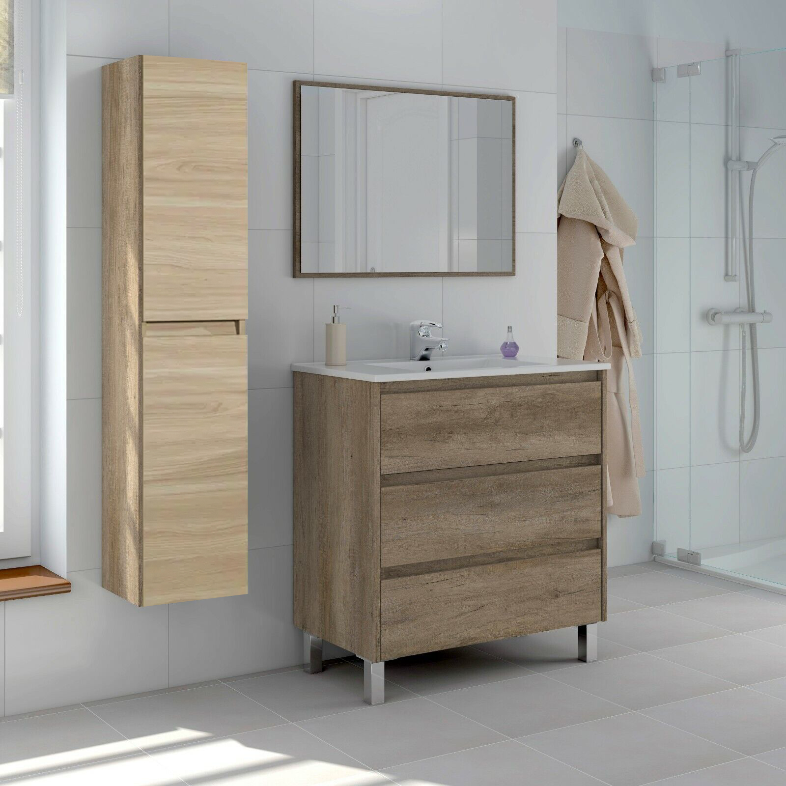 "New Splash" bathroom wall unit with 2 doors in oak wood, 31x33.5 cm, 138 cm high