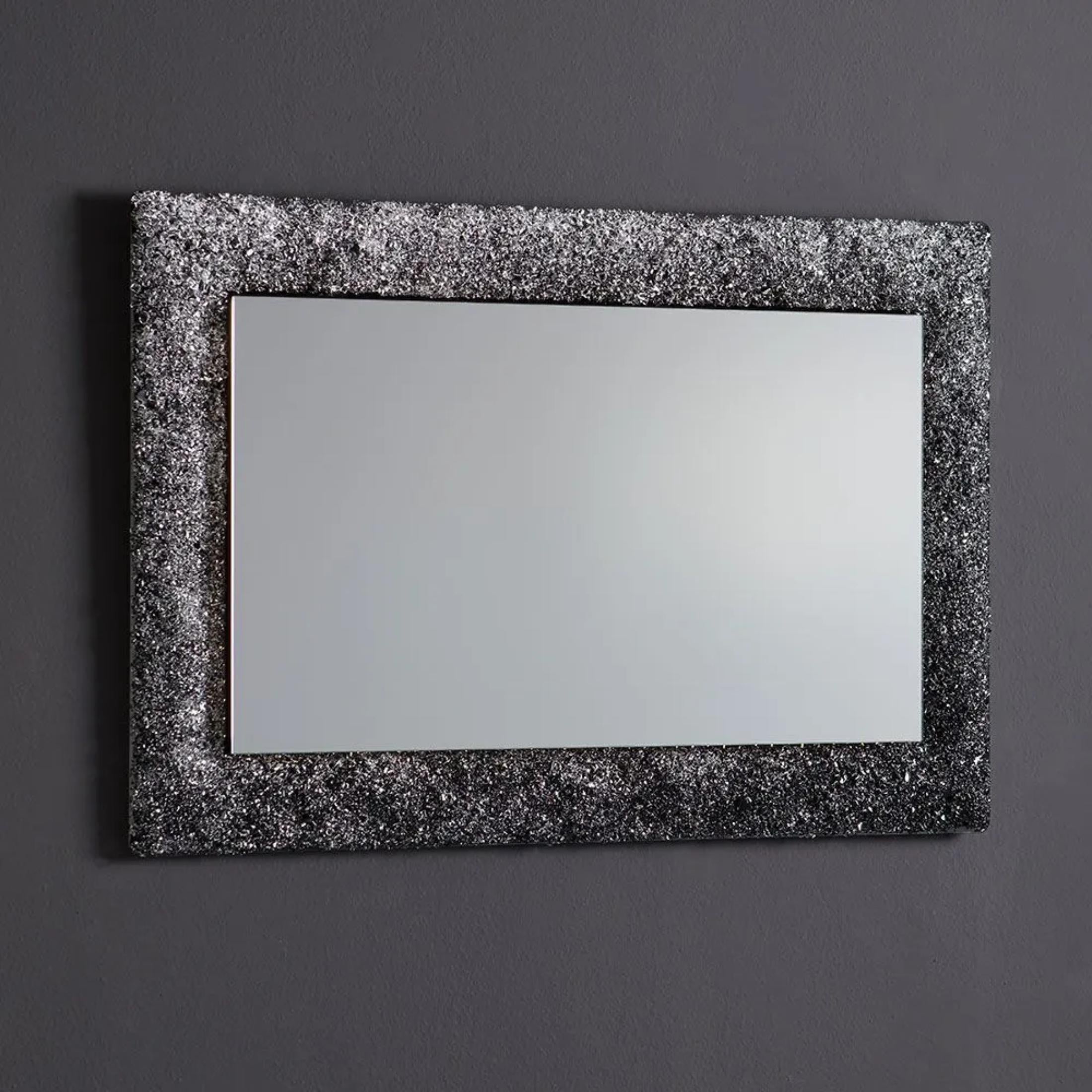 "Serranova2" rectangular LED mirror with glass grit frame, 90x62 cm