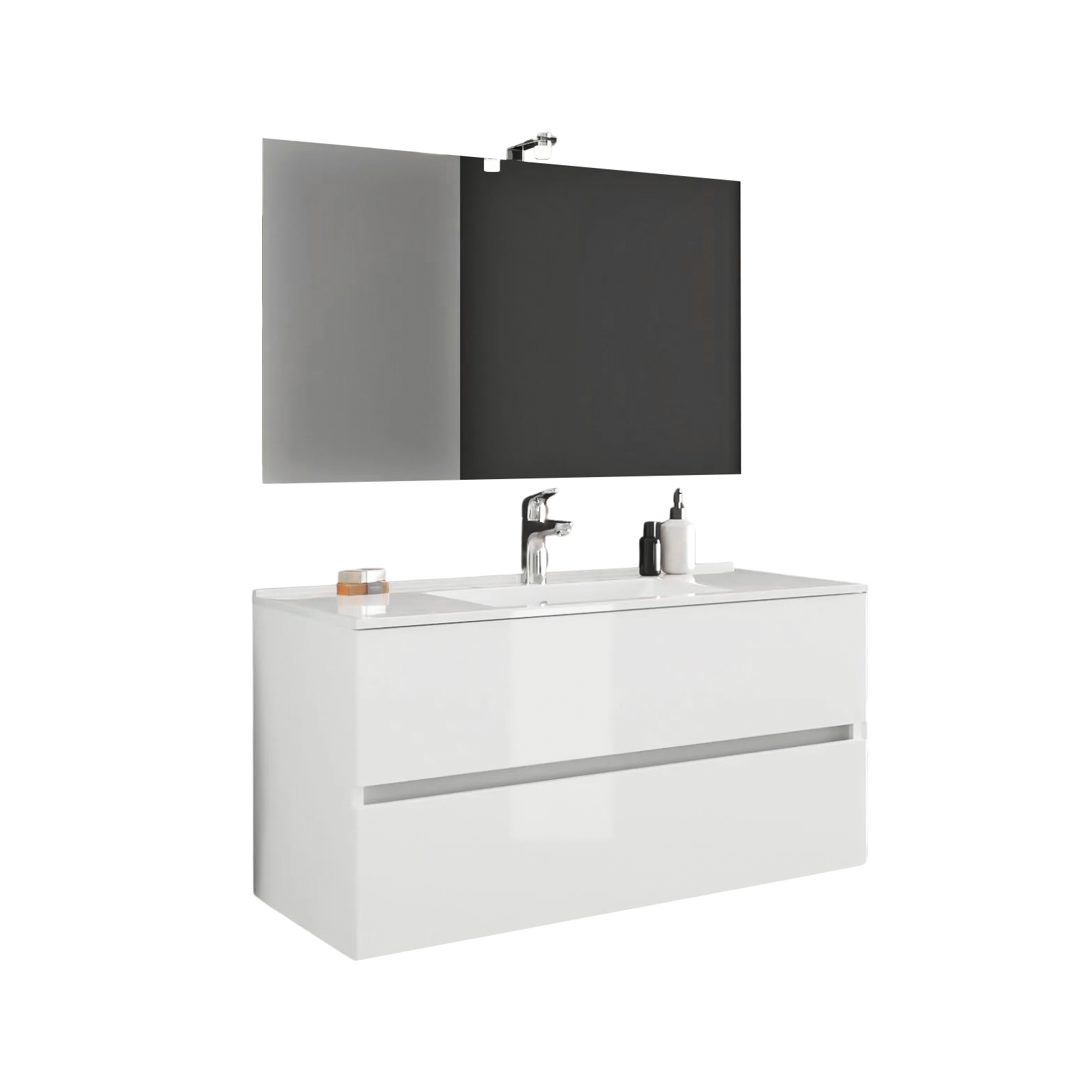 "New Splash" suspended under-sink unit with chipboard chest of drawers and mirror