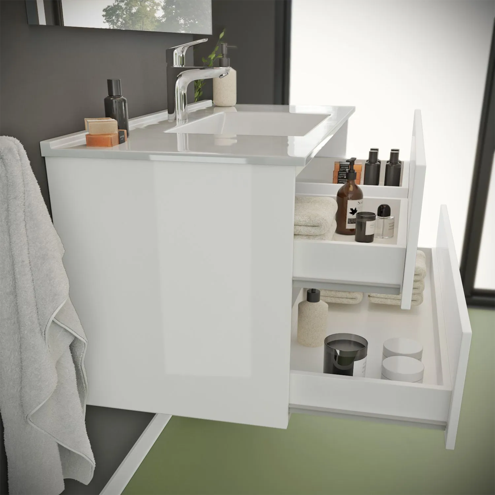 "New Splash" suspended under-sink unit with chipboard chest of drawers and mirror