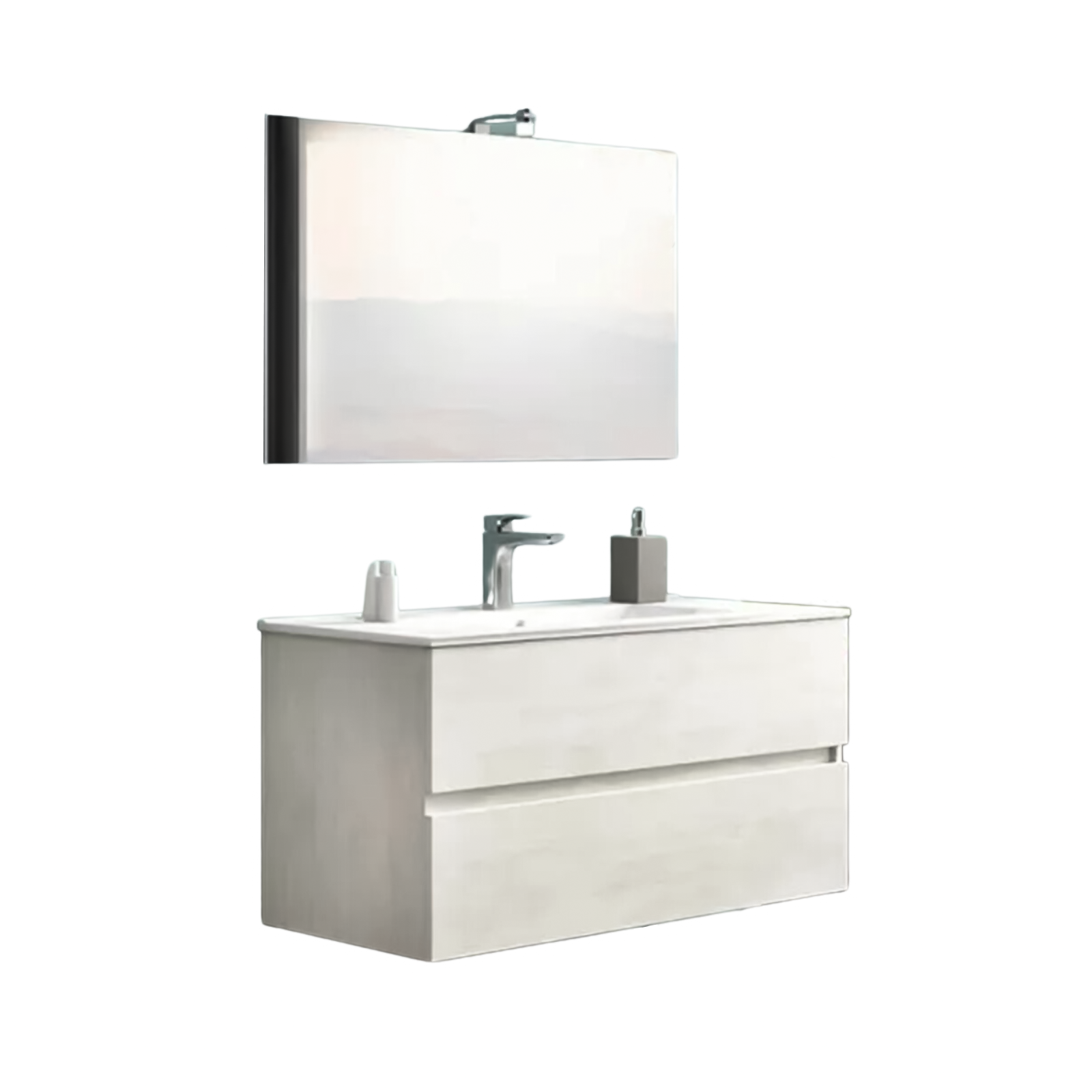 "New Splash" suspended under-sink unit with chipboard chest of drawers and mirror