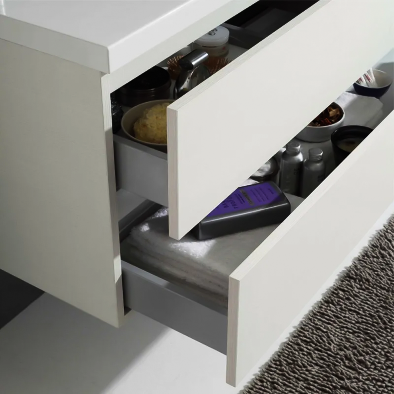 "New Splash" suspended under-sink unit with chipboard chest of drawers and mirror