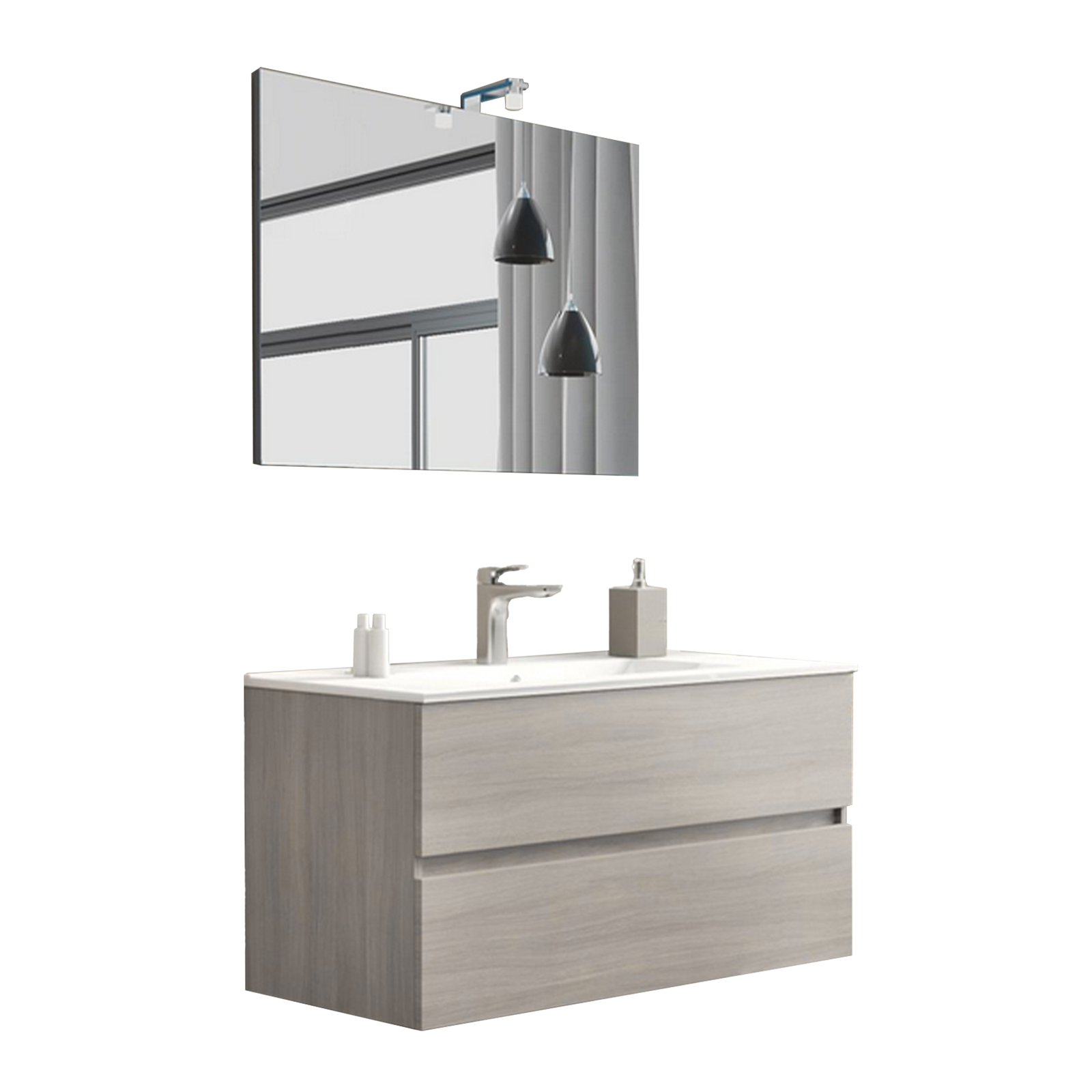 "New Splash" suspended under-sink unit with chipboard chest of drawers and mirror