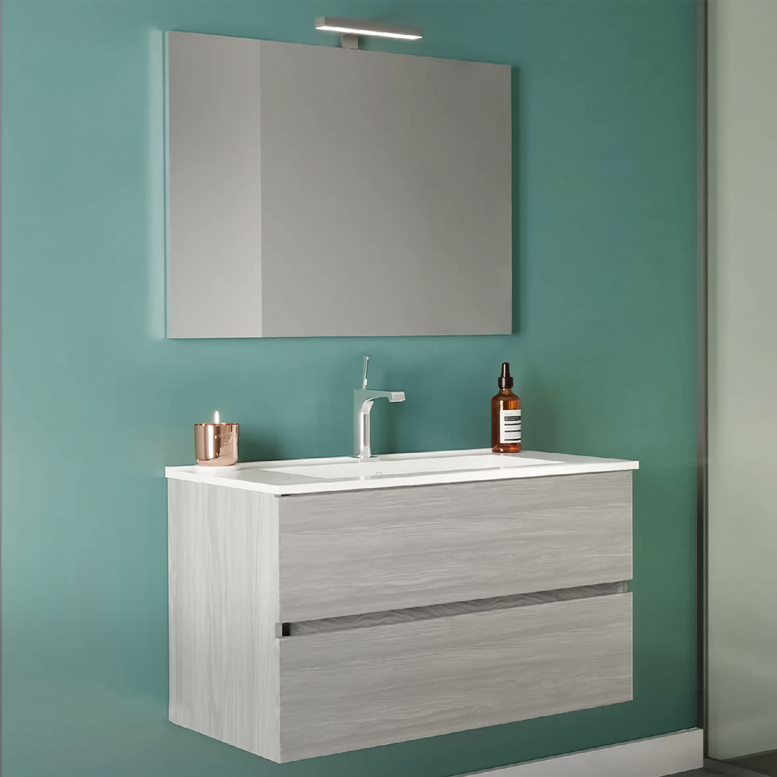 "New Splash" suspended under-sink unit with chipboard chest of drawers and mirror