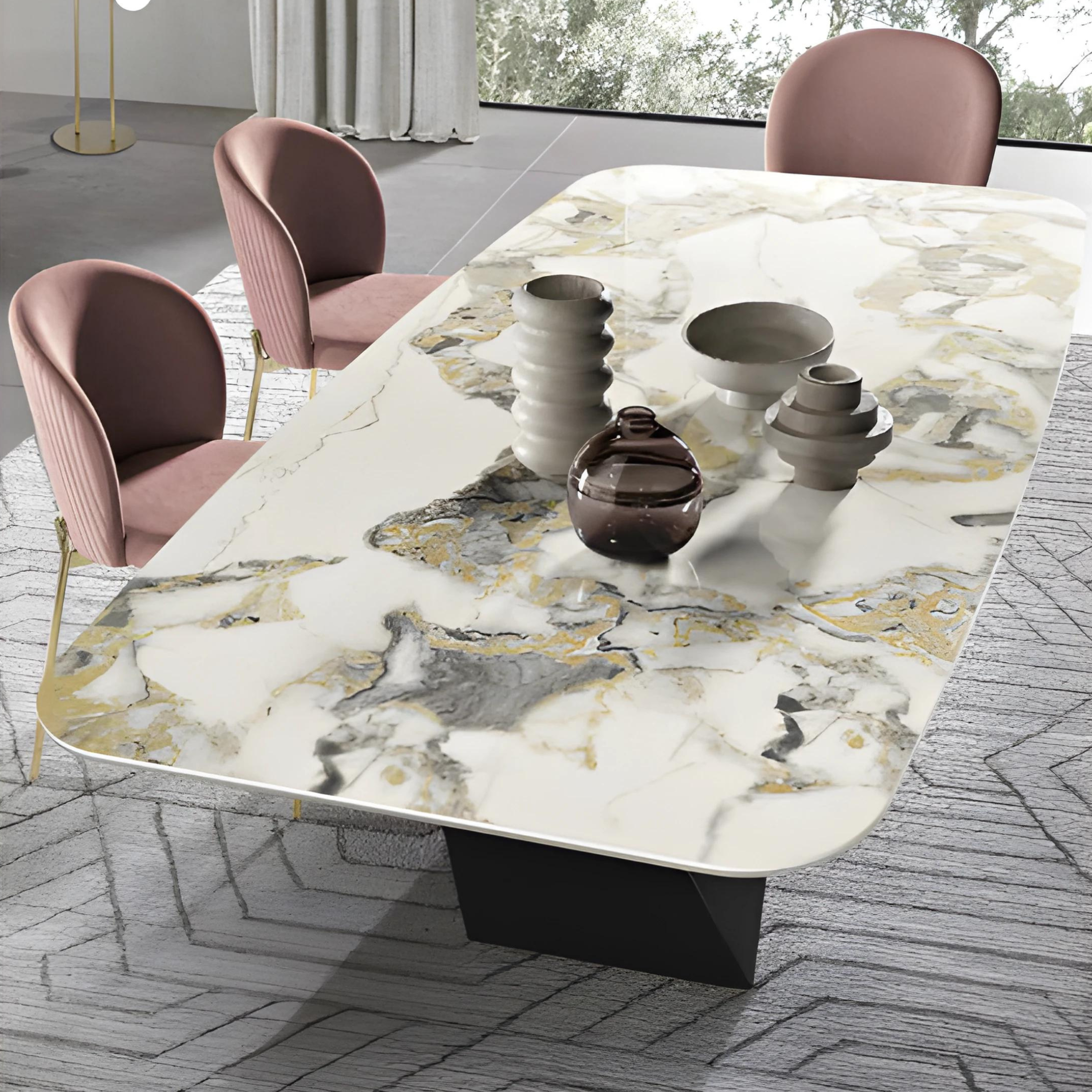 "Karlito" modern fixed table with painted metal base, 210x110 cm, 75 cm high.