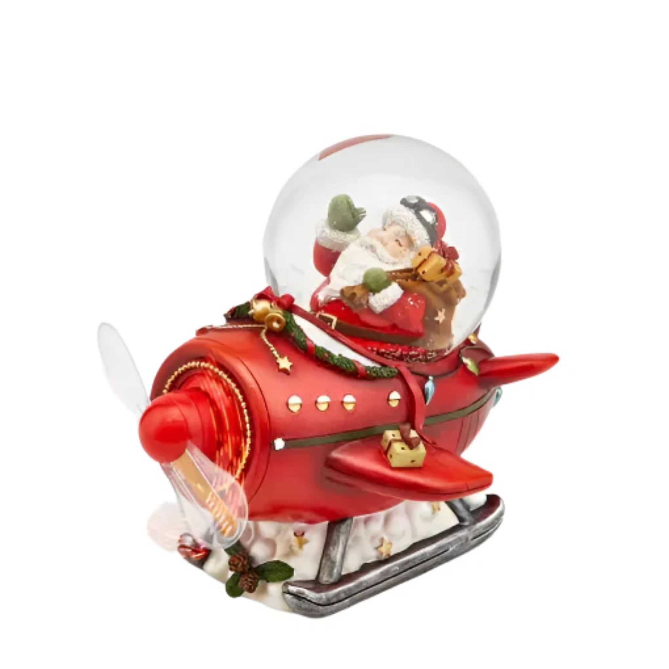 Christmas ball Santa Claus on a plane with LED propellers with the words "Merry Christmas" and snowfall effect 16x14 cm 15h