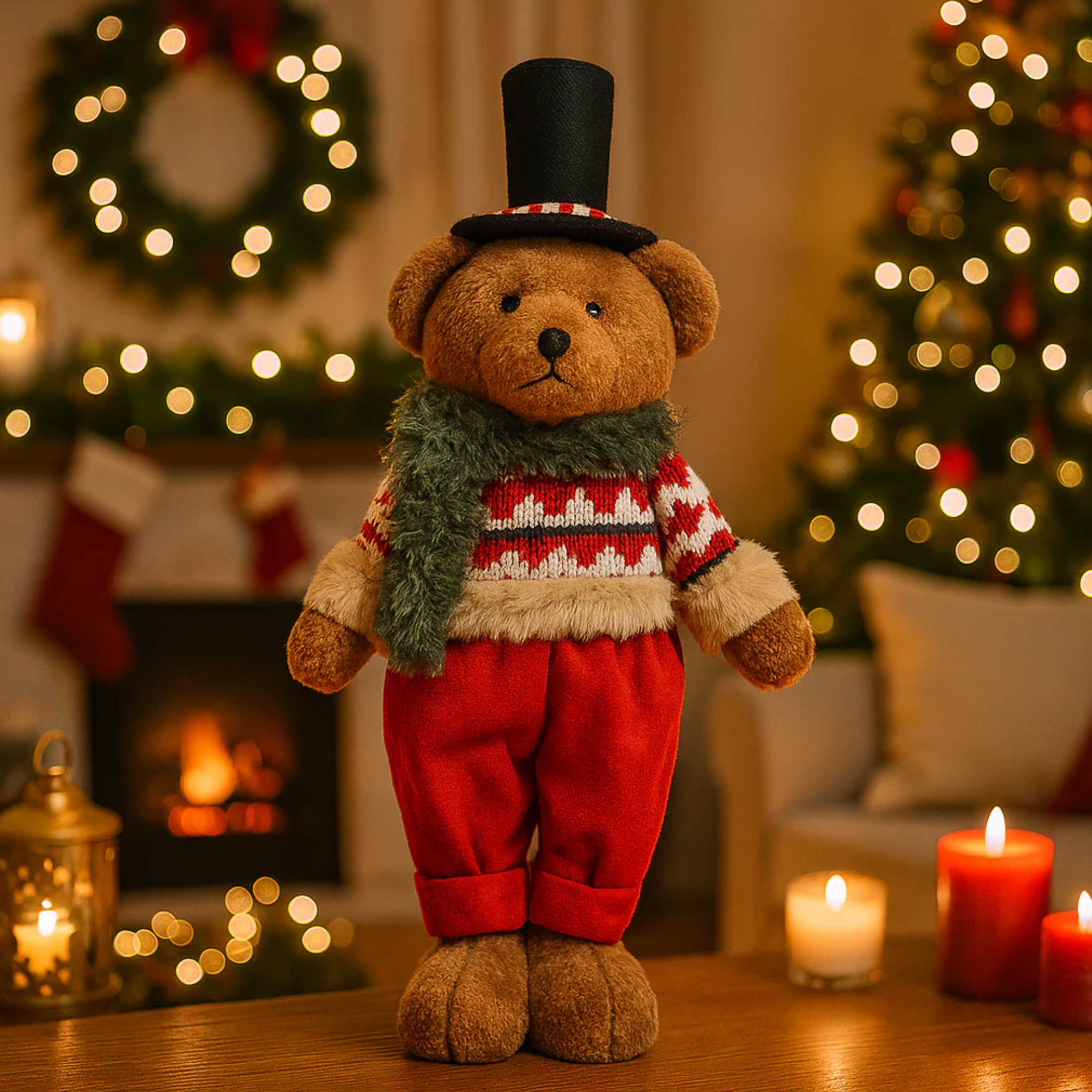 Teddy bear with hat and sweater, polyester Christmas decorations 18x10 cm 37h