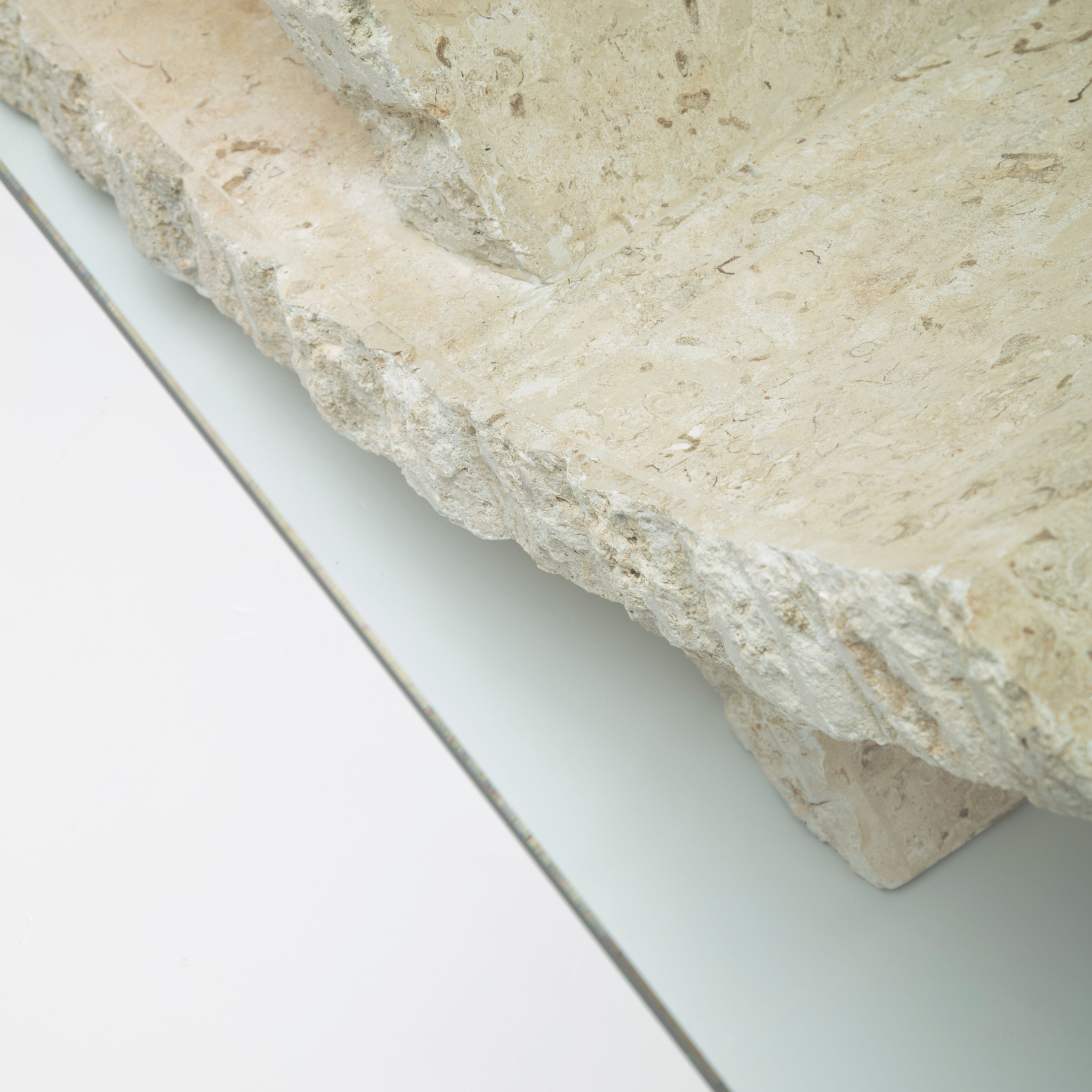 Low table in fossil stone "Flake" tempered glass top 120x70 cm 37h