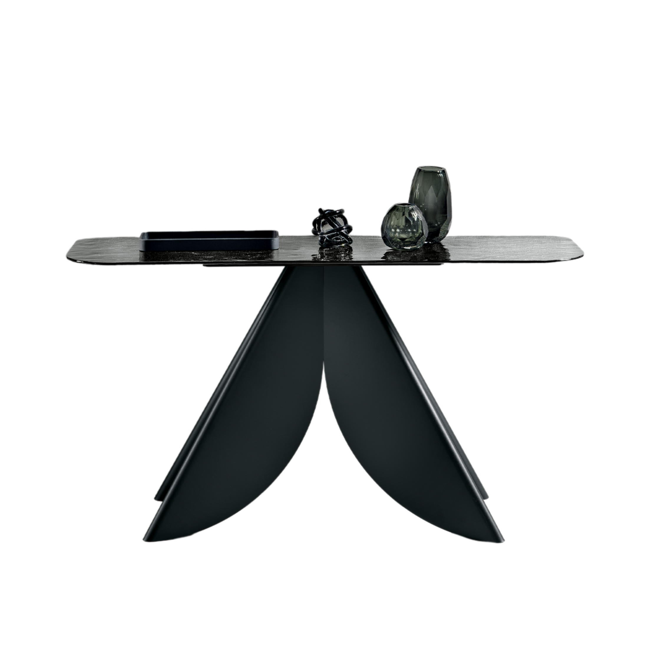 "Versus" console table with black or pearl beige painted metal base, 140x40 cm, 76h