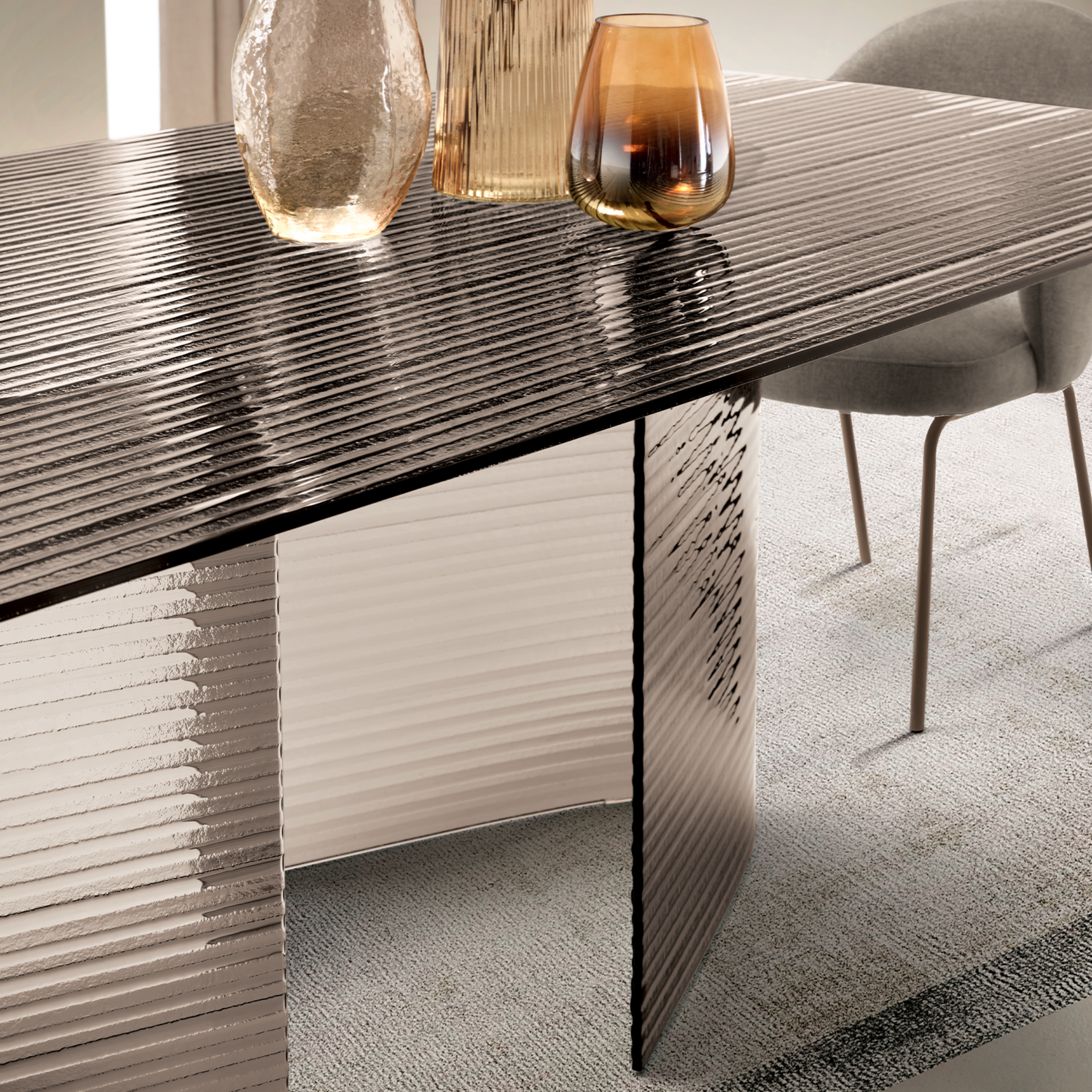 "Lovely" fixed rectangular table, transparent striped with glass legs, 240x120 cm, 77h