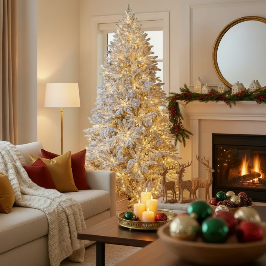 Albero di Natale innevato "Sweet dreams" con LED – PE Real Touch, PVC Premium e Flock