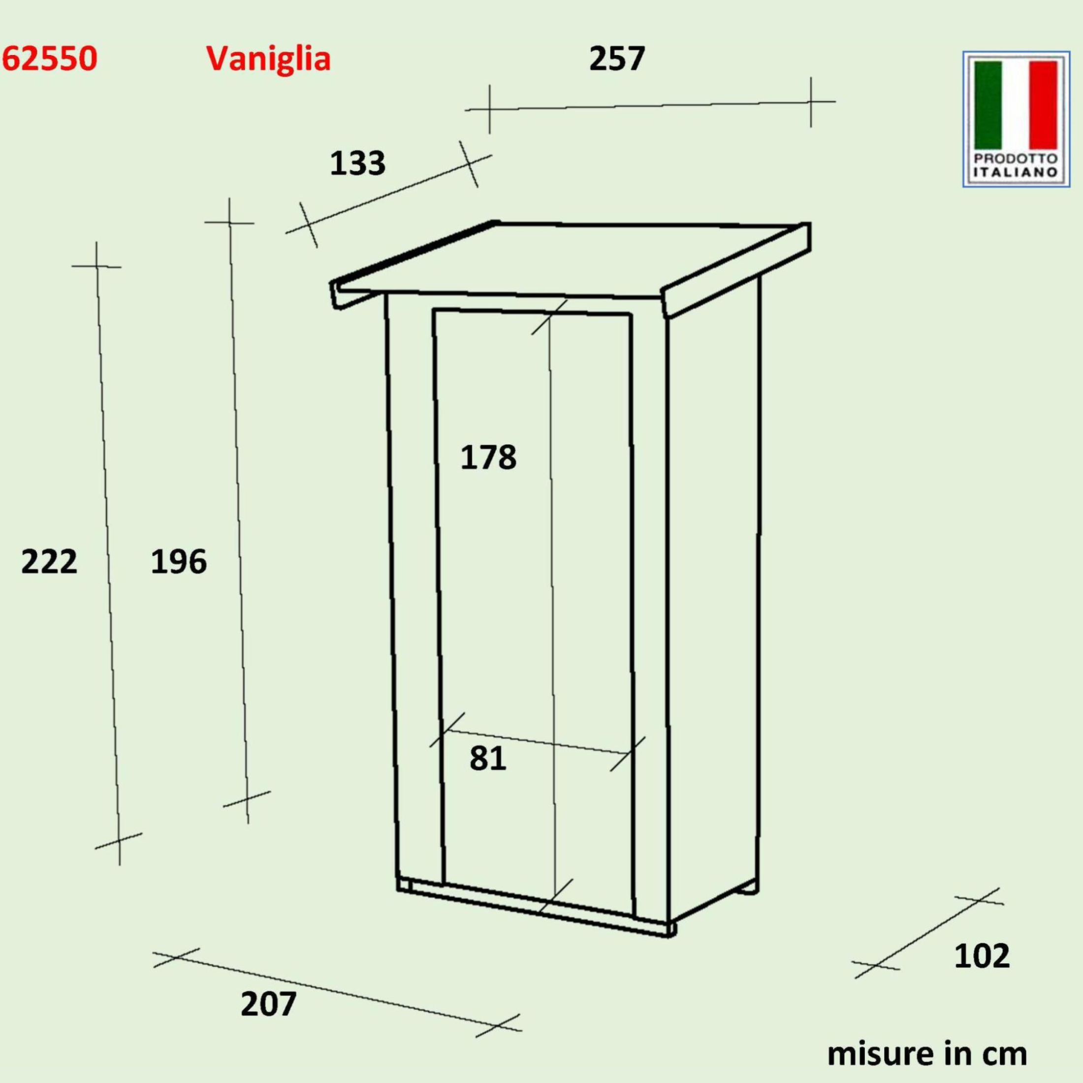 "Vaniglia Addossata" wooden garden house with single door and window, 207x102 cm, 222 cm high