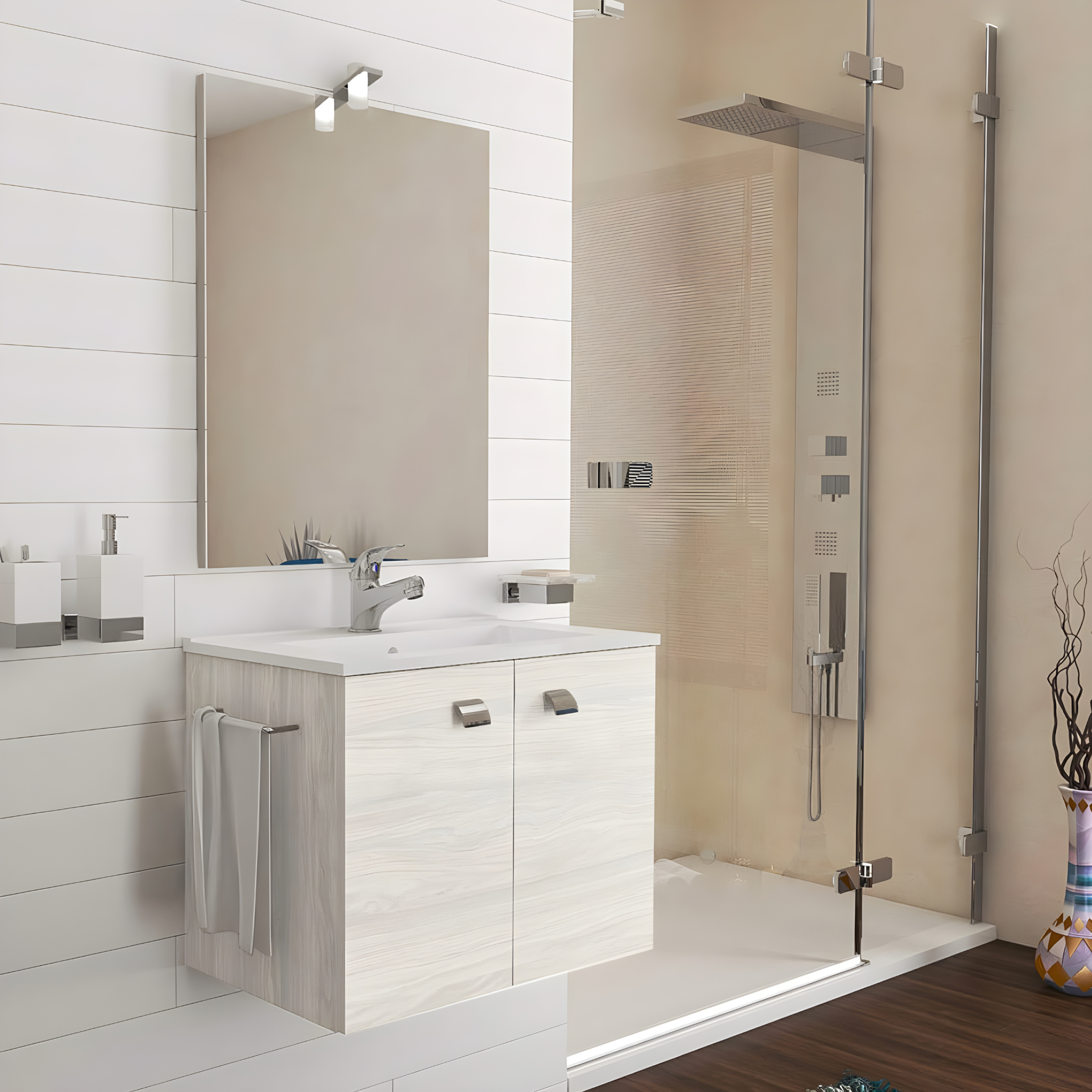 "Moa60" wall-hung bathroom cabinet with integrated rectangular sink, doors with chrome handles and LED mirror