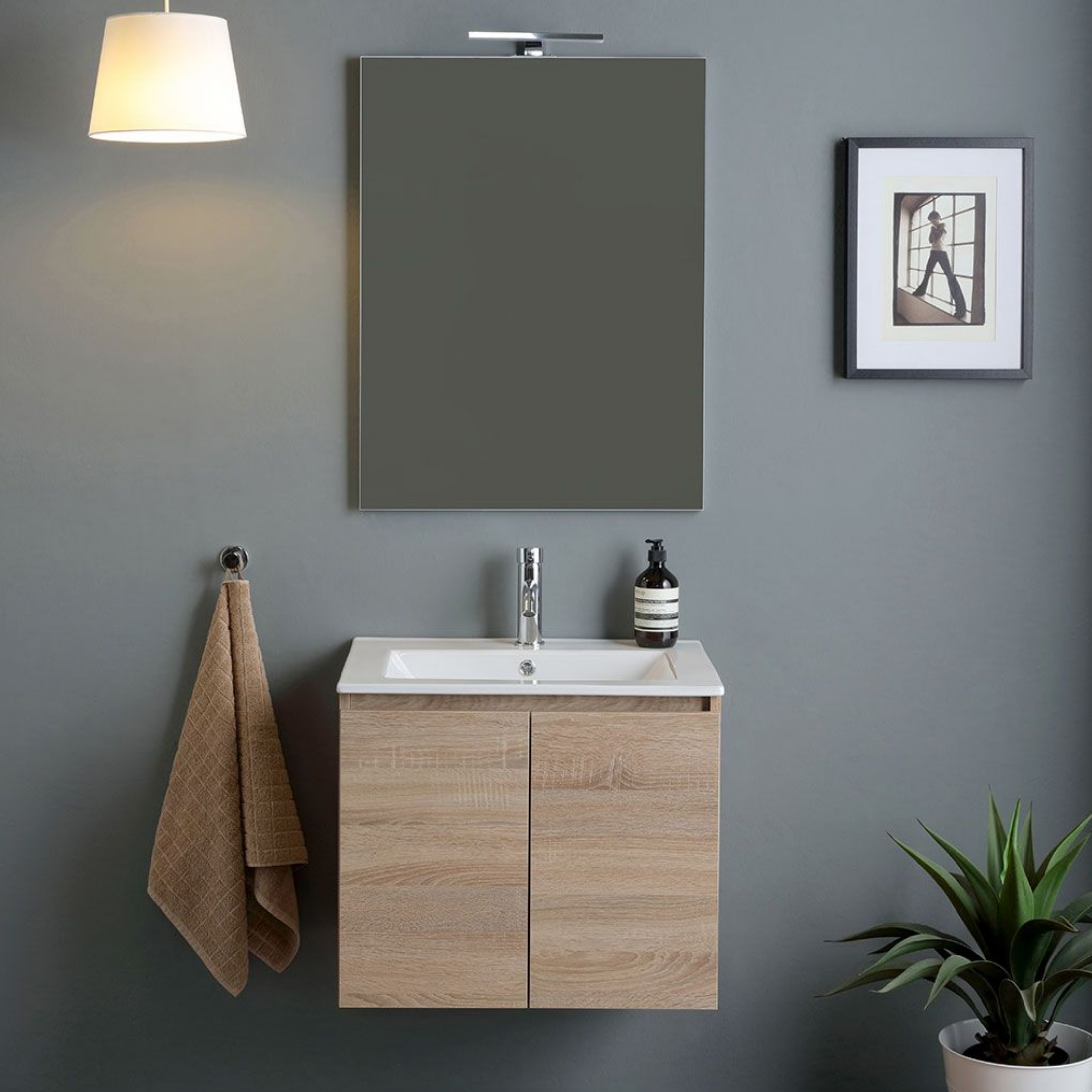 60cm "Belize" oak wall-hung bathroom cabinet with 2 ceramic sink doors and 60x80cm mirror