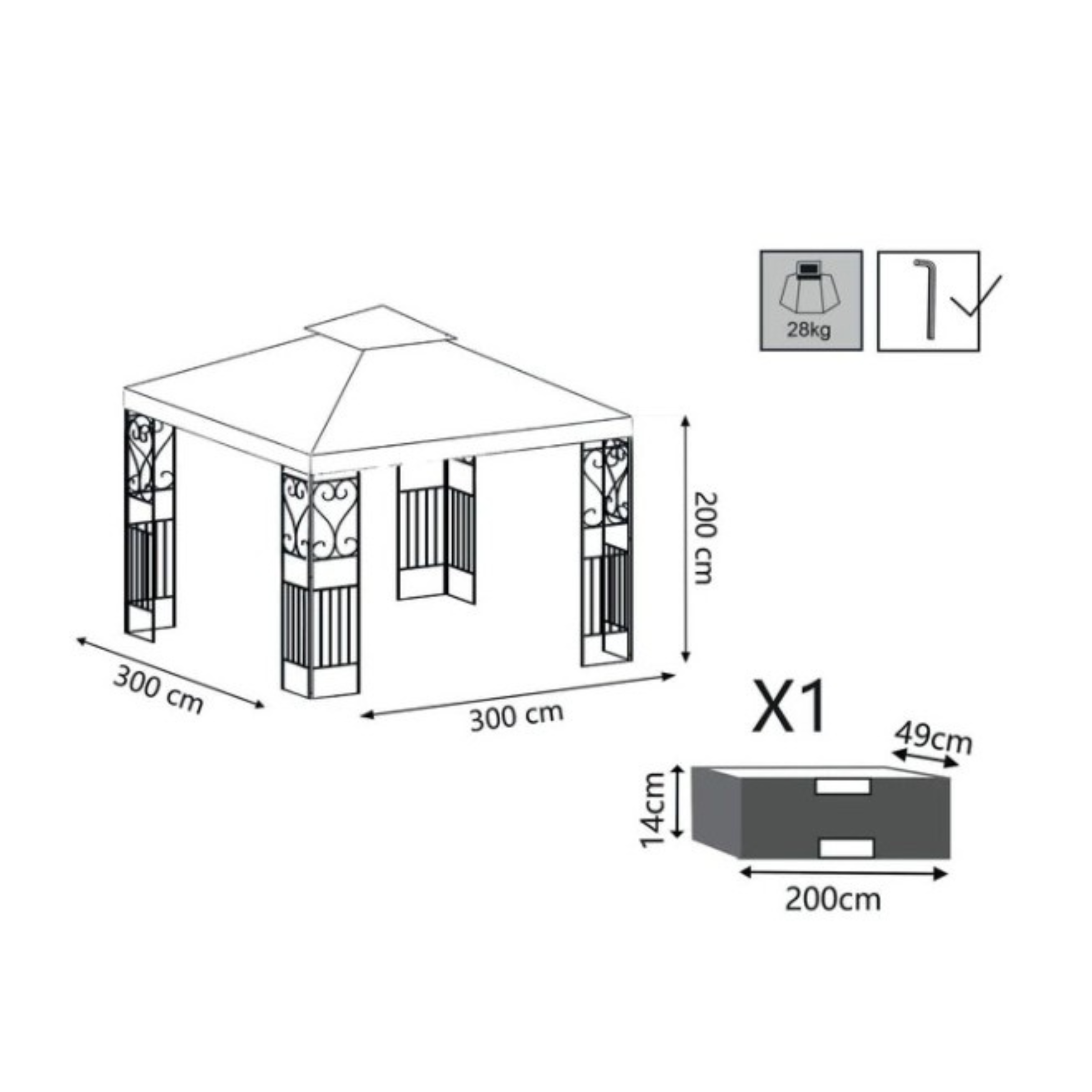 "Decor" painted steel gazebo with ecru garden canopy, 300x300 cm, 200 cm high