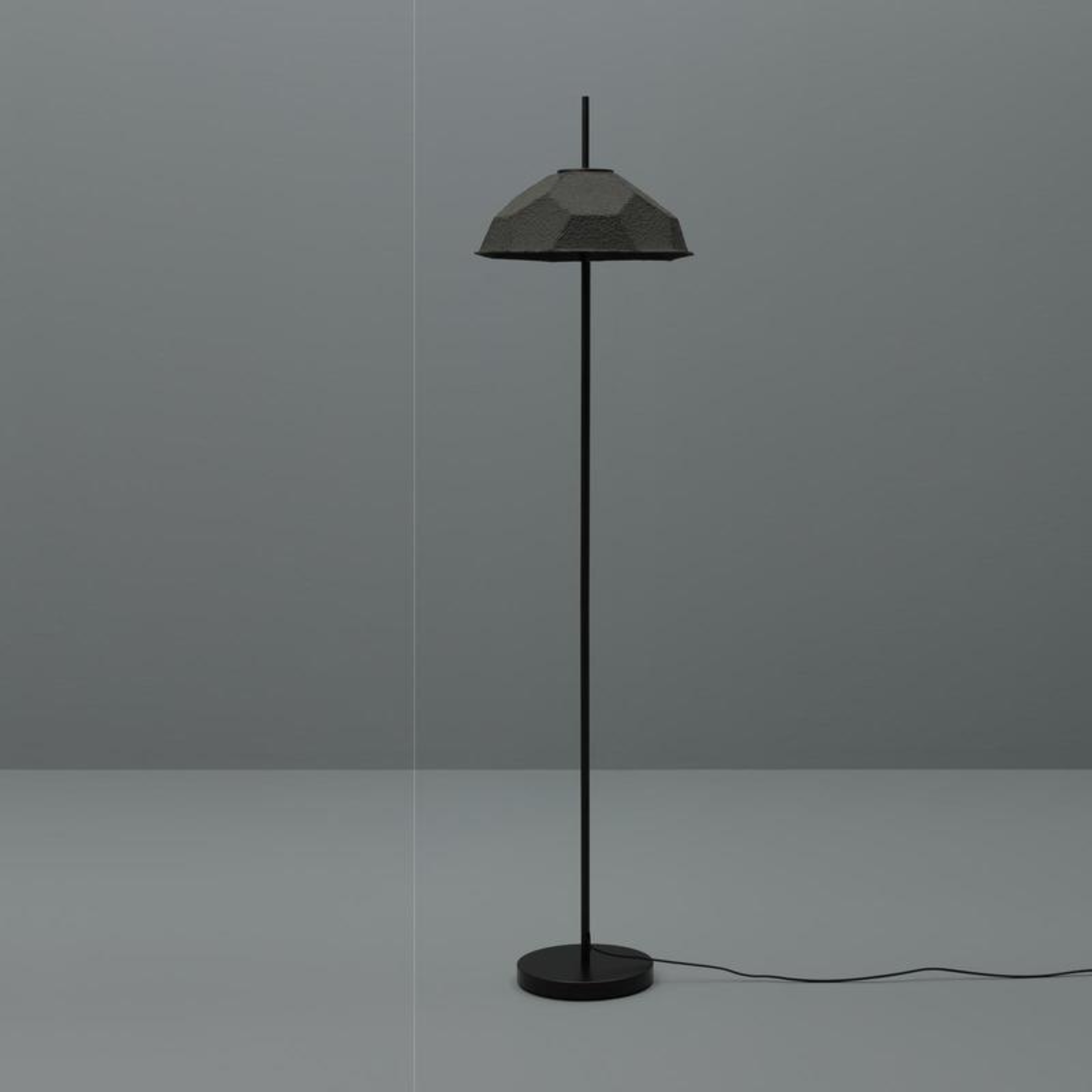 "Kande" metal lamp with recycled cardboard lampshade, floor, table and hanging.