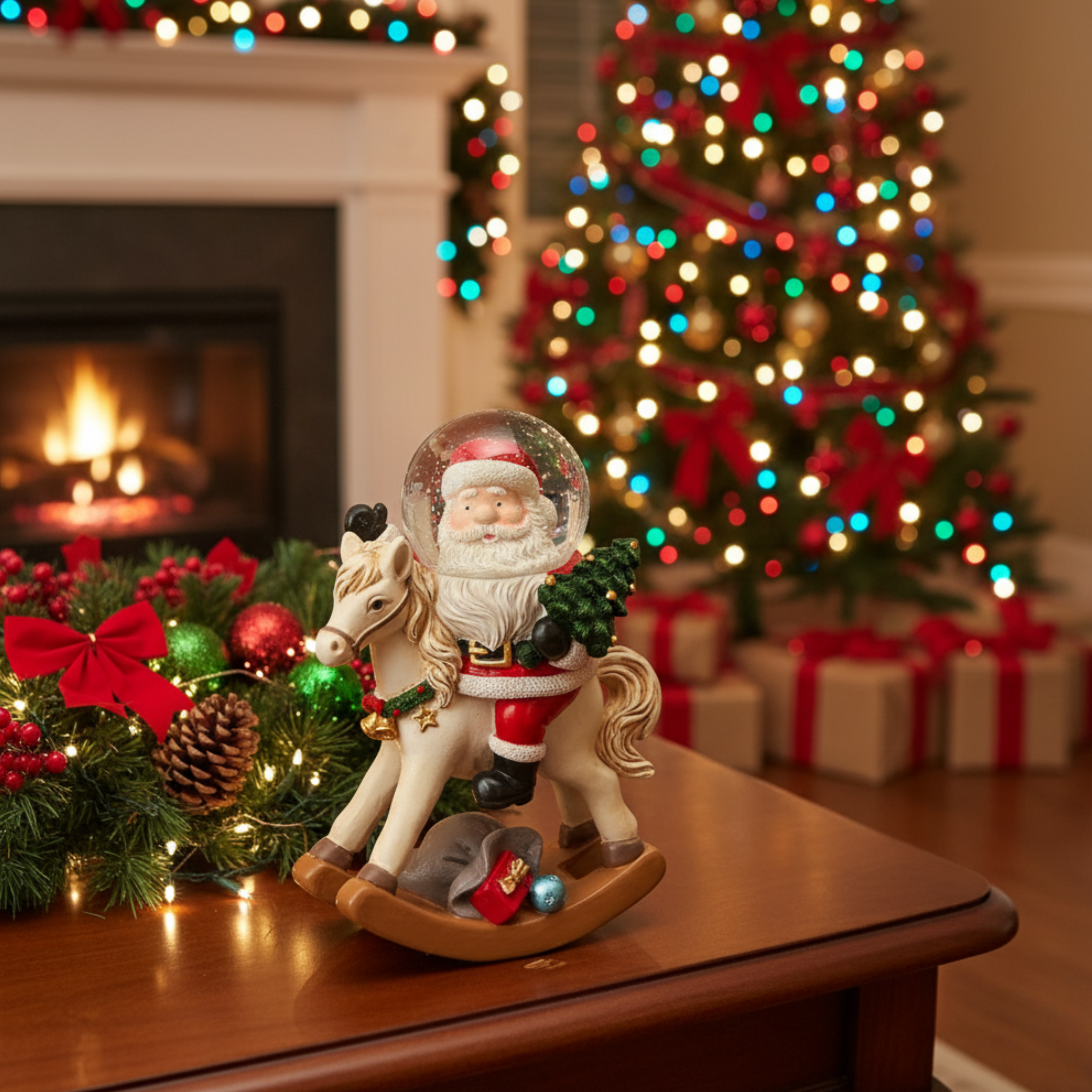 Resin rocking horse with glass water sphere and internal Christmas scene with shiny snow effect, 13.5 cm high.