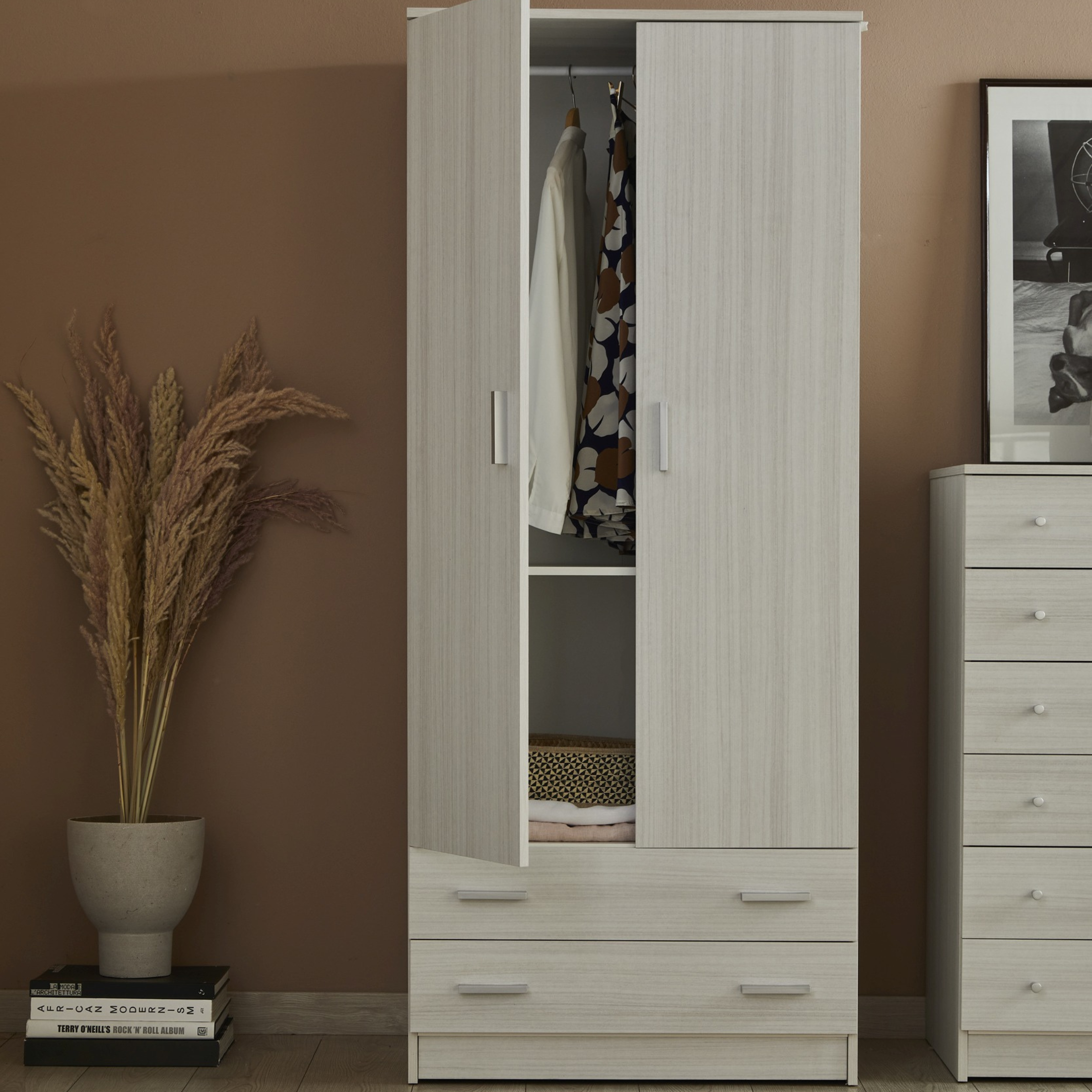 Modern wooden wardrobe "Bozza" with 2 doors and 2 drawers, 77x52 cm, 182 cm high.