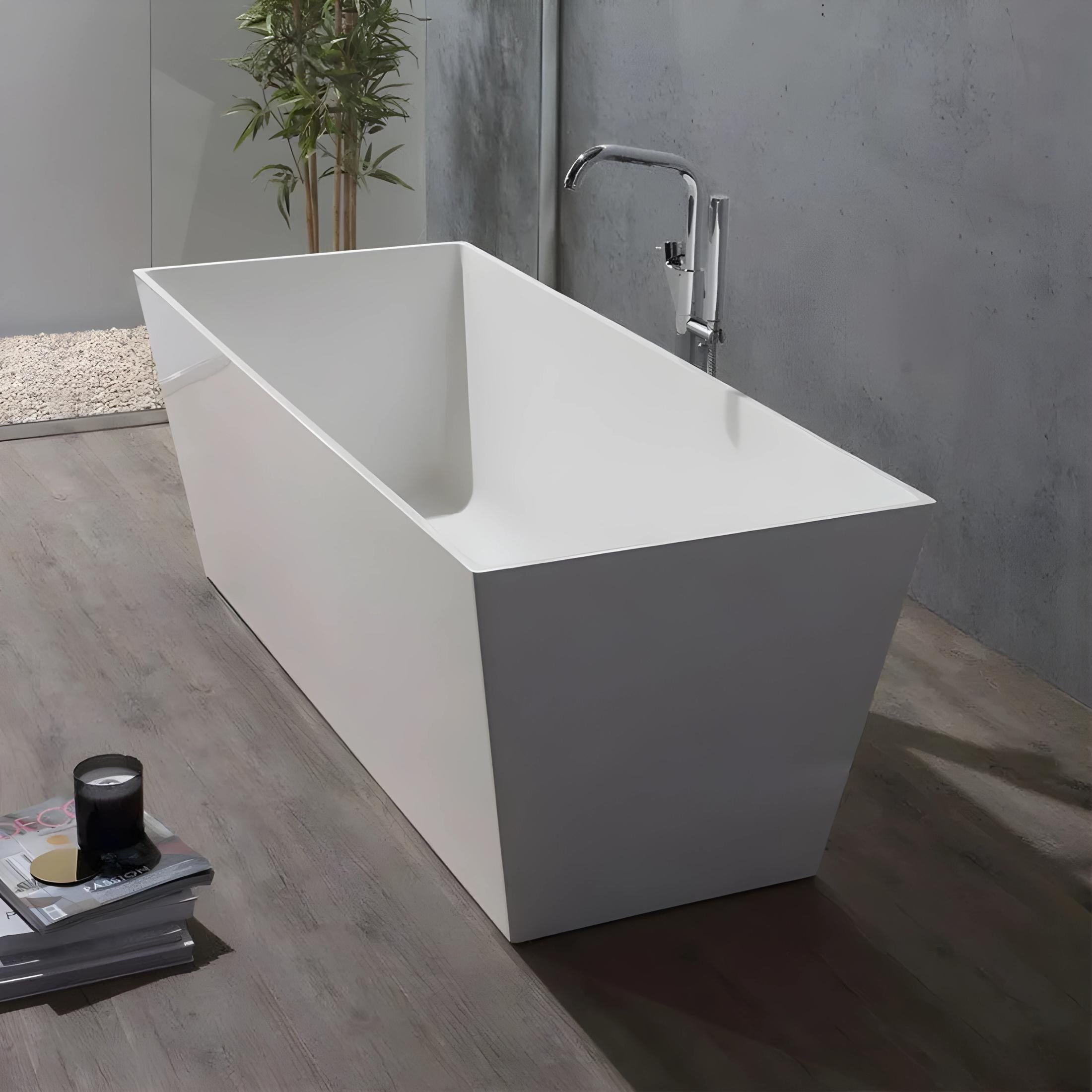 "Yoyo" freestanding square bathtub in white recomposed marble, 159x65 cm, 55h