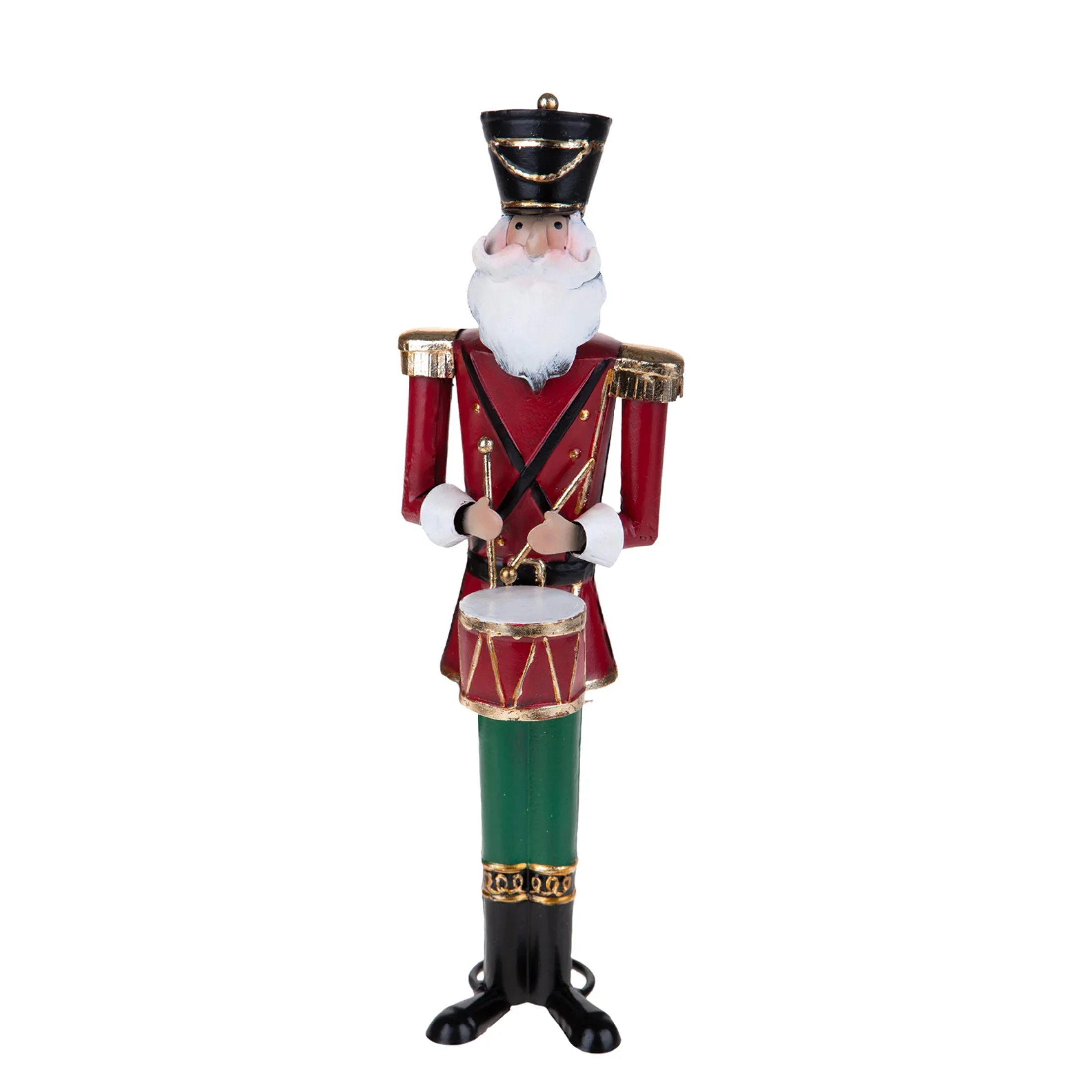 Red and green Christmas nutcracker soldier with drum, 10 x 35 cm.